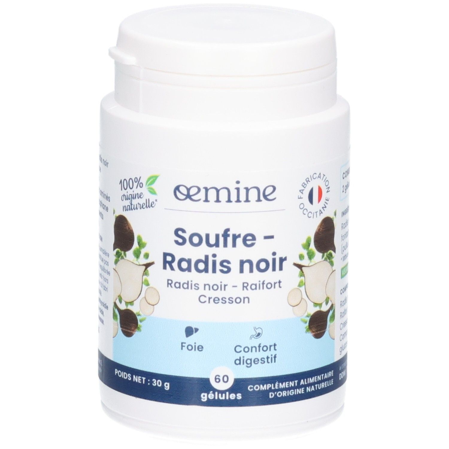 Vue de face du pot "OEMINE SOUFRE RADIS NOIR" contenant 60 gélules.