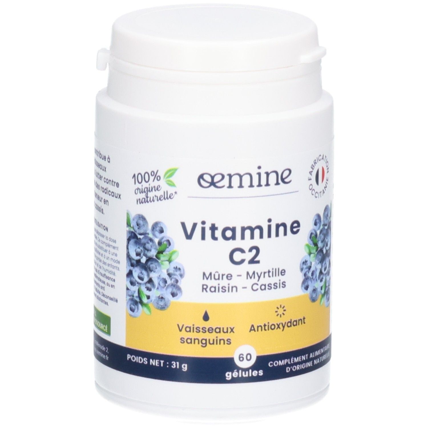 Pot blanc de gélules Vitamine C2, motif myrtilles, 60 gélules.