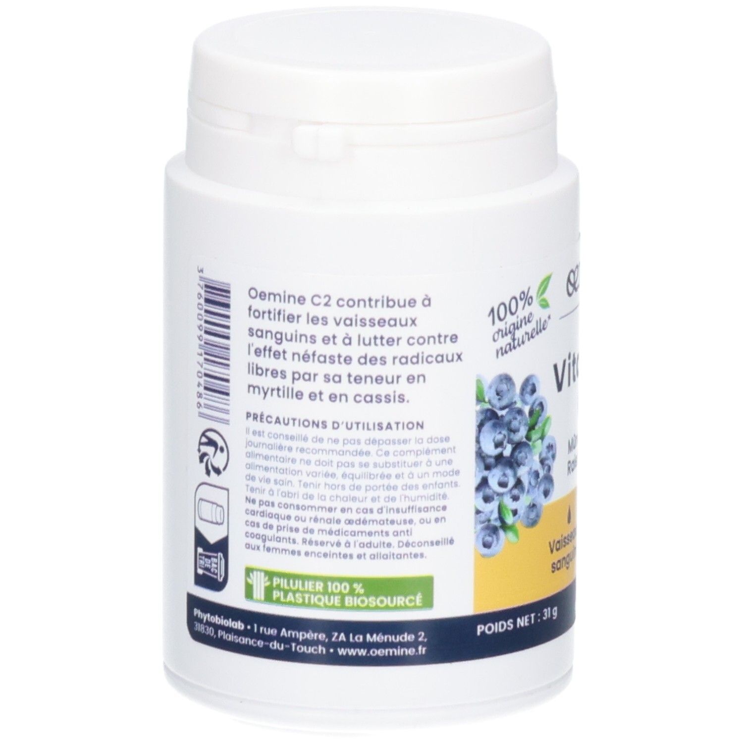 Arrière d'un pot de gélules Vitamine C2, motif myrtilles, 60 gélules.