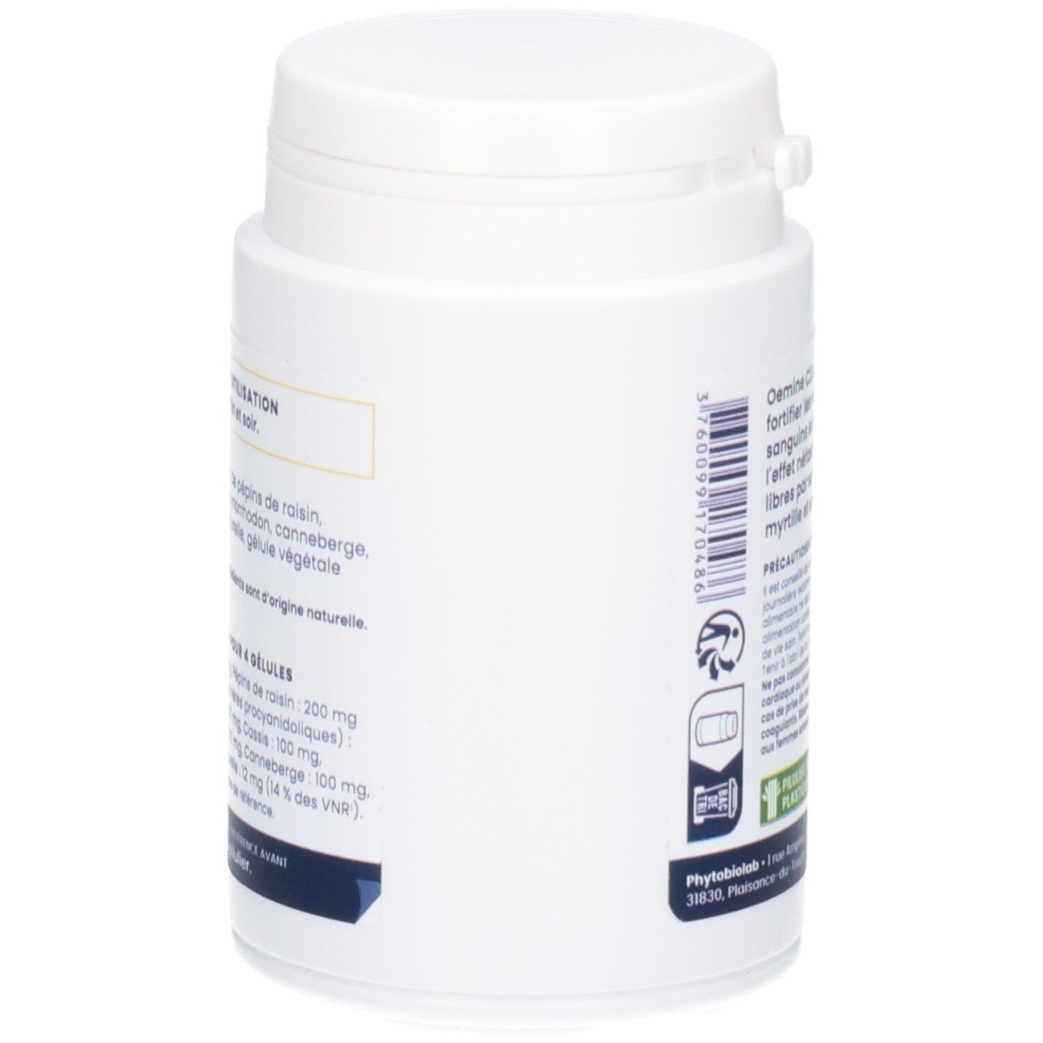Côté d'un pot de gélules Vitamine C2, motif myrtilles, 60 gélules.