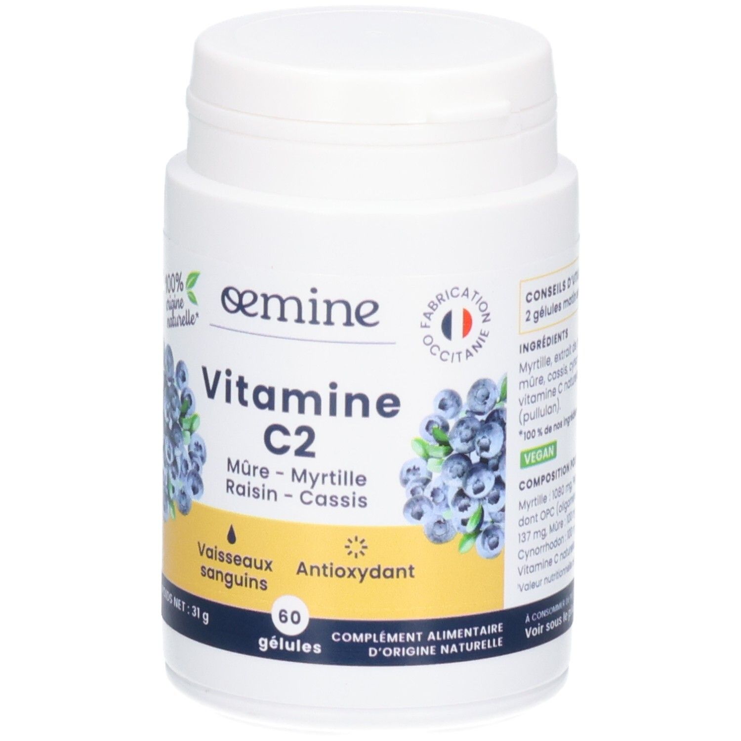 Pot blanc de gélules Vitamine C2, motif myrtilles, 60 gélules.