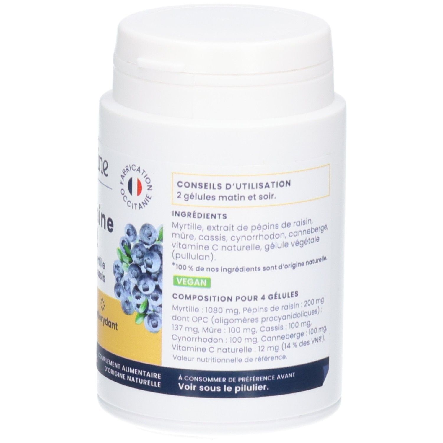 Arrière d'un pot de gélules Vitamine C2, motif myrtilles, 60 gélules.