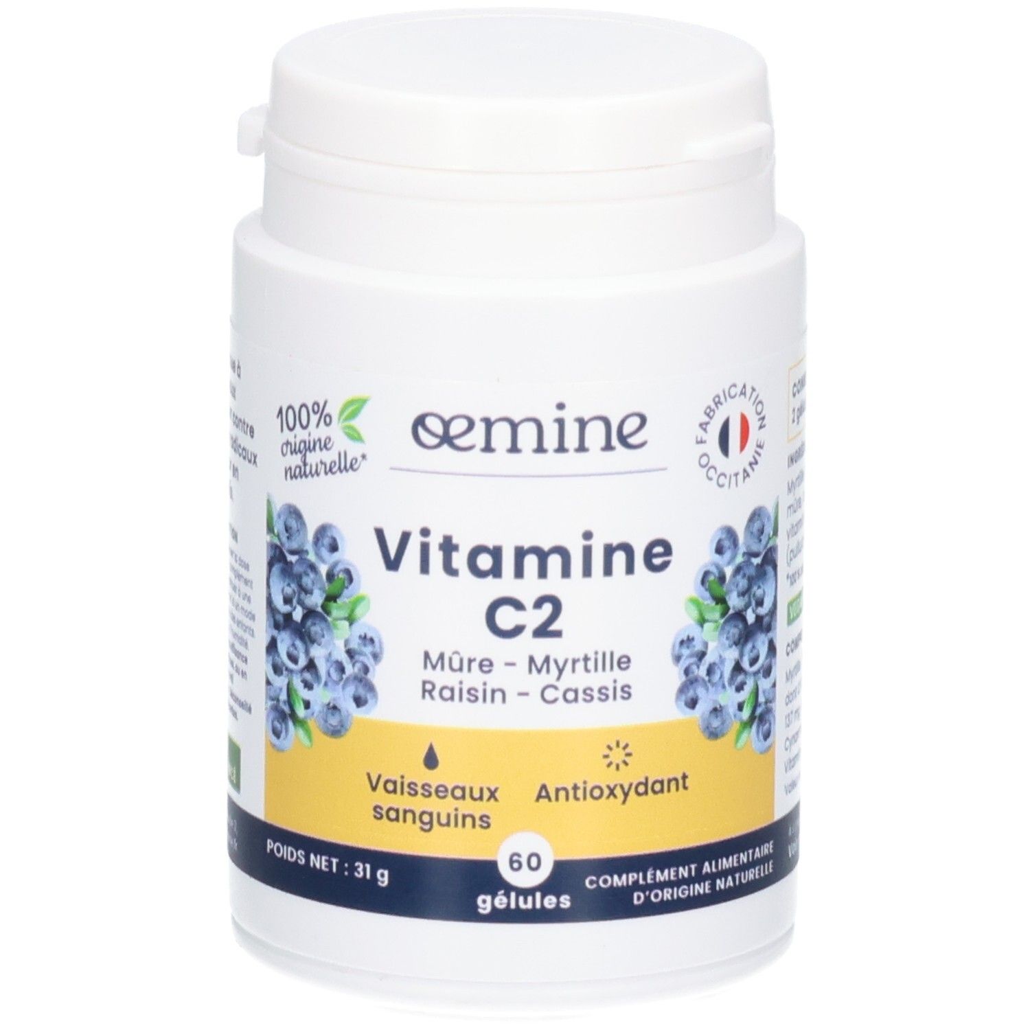 Pot blanc de gélules Vitamine C2, motif myrtilles, 60 gélules.