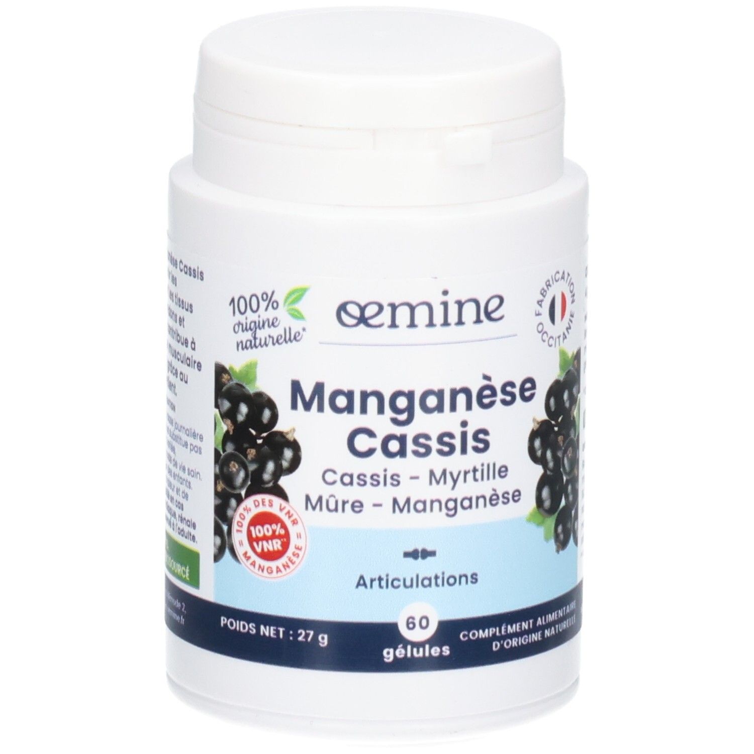 Pot blanc de complément alimentaire "Manganèse Cassis" pour articulations, 60 gélules.