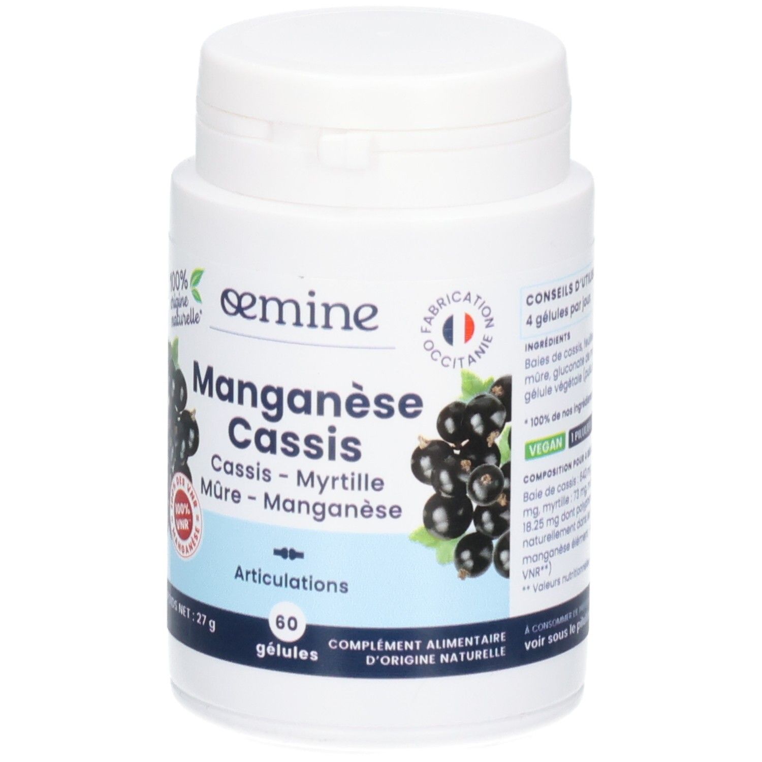 Avant d'un pot de complément alimentaire "Manganèse Cassis" pour articulations, 60 gélules, avec cassis.