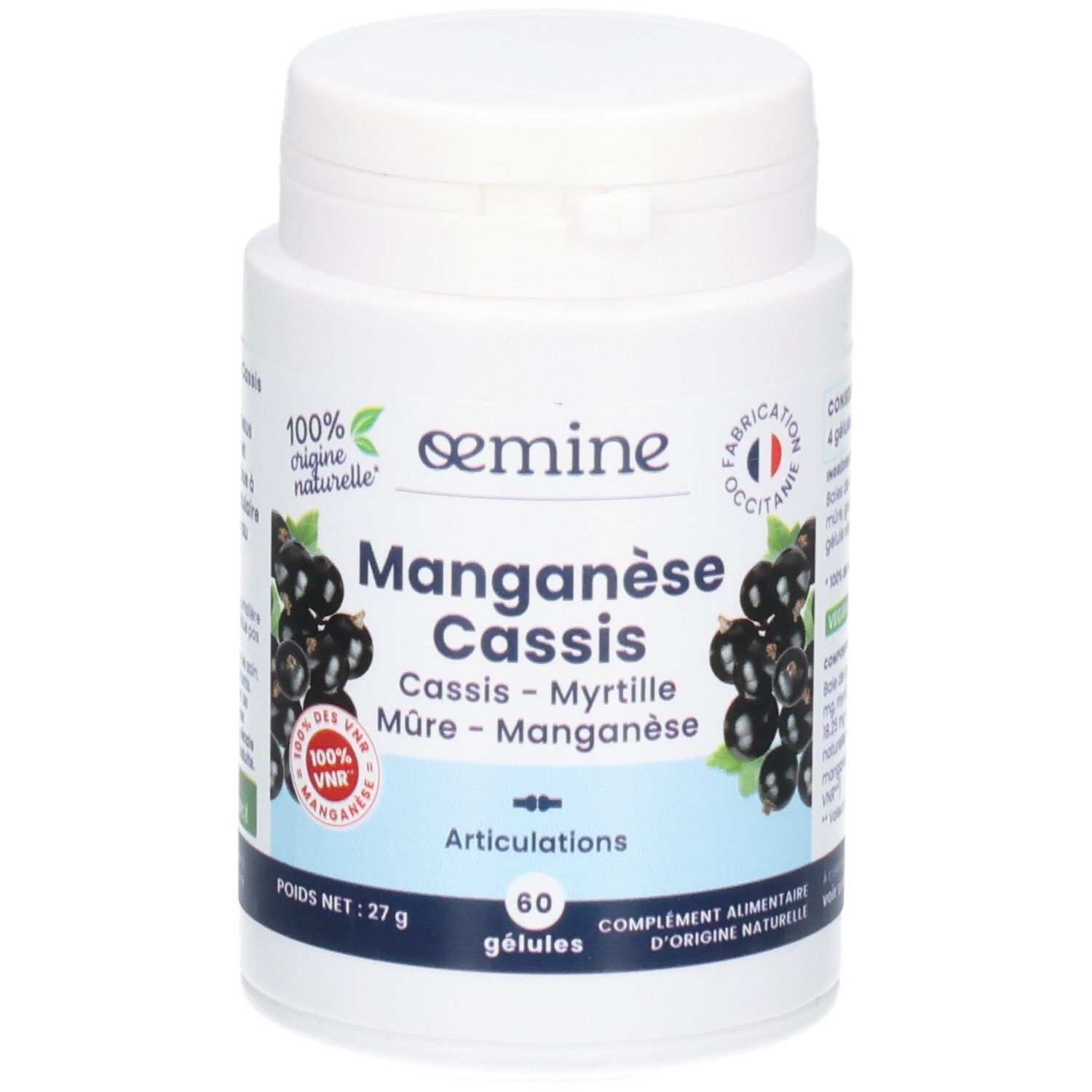 Avant d'un pot de complément alimentaire "Manganèse Cassis" pour articulations, 60 gélules, avec cassis.