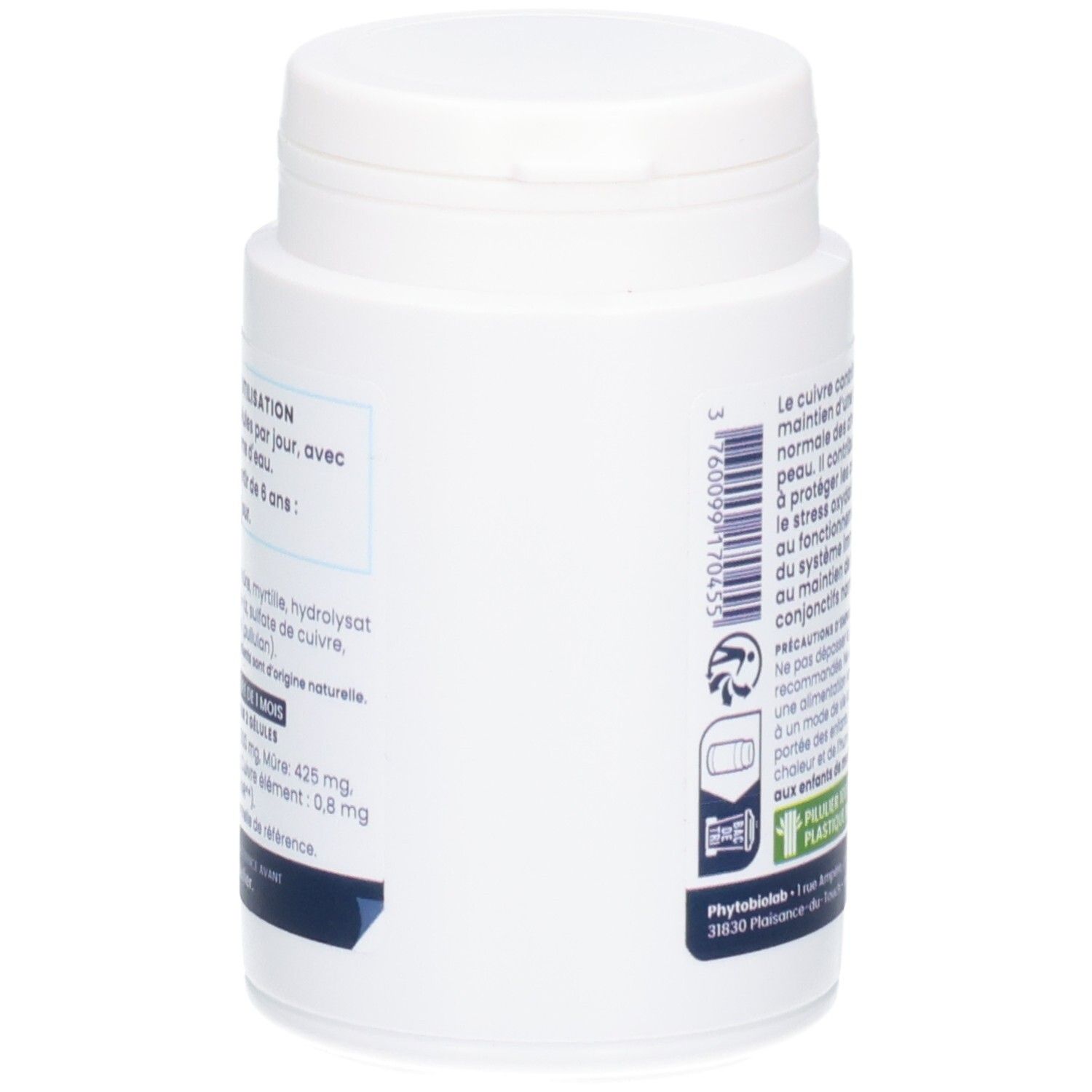 Vue latérale d'un pot blanc avec informations produit et illustrations de baies.