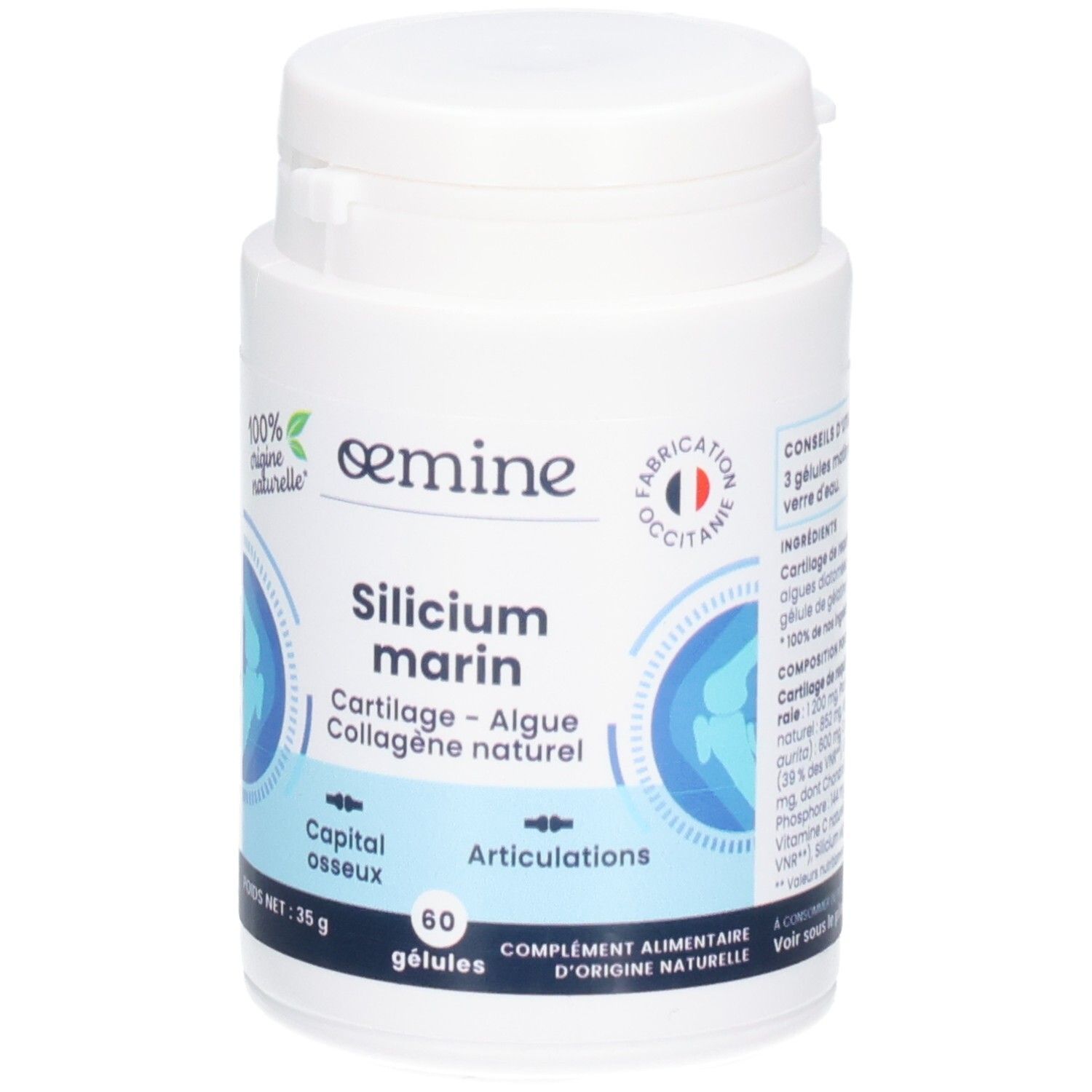 Pot blanc de complément alimentaire "Silicium marin", 60 gélules.