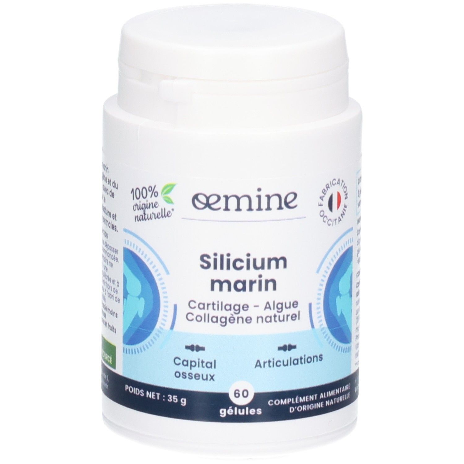 Pot blanc de complément alimentaire "Silicium marin", 60 gélules.