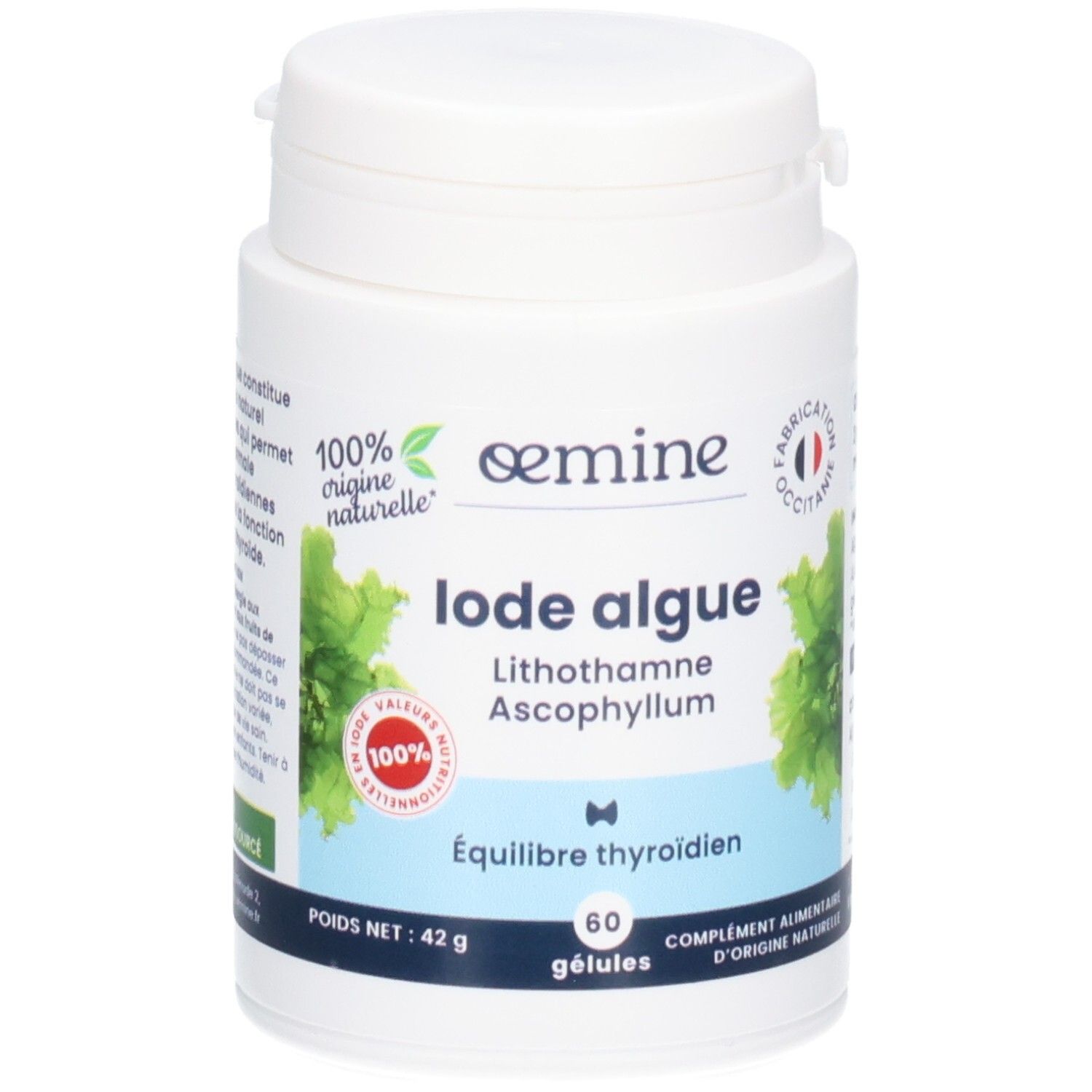 Pot blanc OEMINE IODE ALGUE. Contient 60 gélules. 100% d'origine naturelle.
