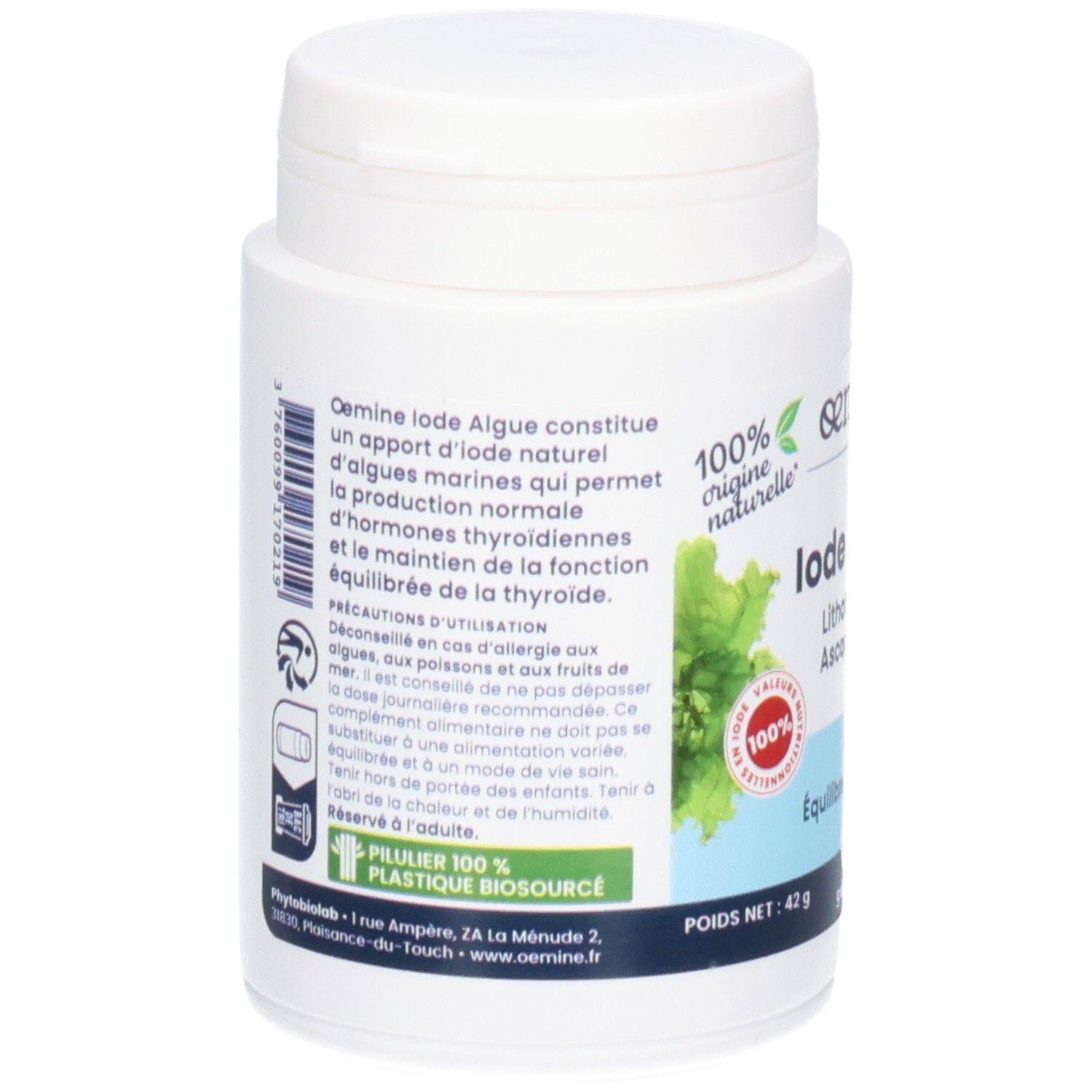 Arrière du pot OEMINE IODE ALGUE. Informations sur les ingrédients et l'utilisation.