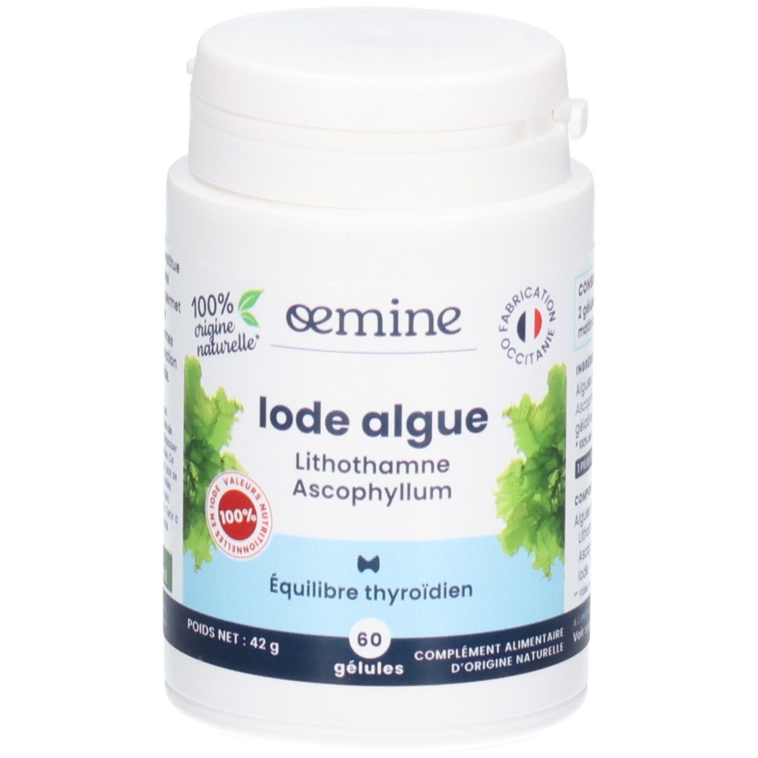 Pot OEMINE IODE ALGUE avec 60 gélules. Met l'accent sur '100% origine naturelle'.