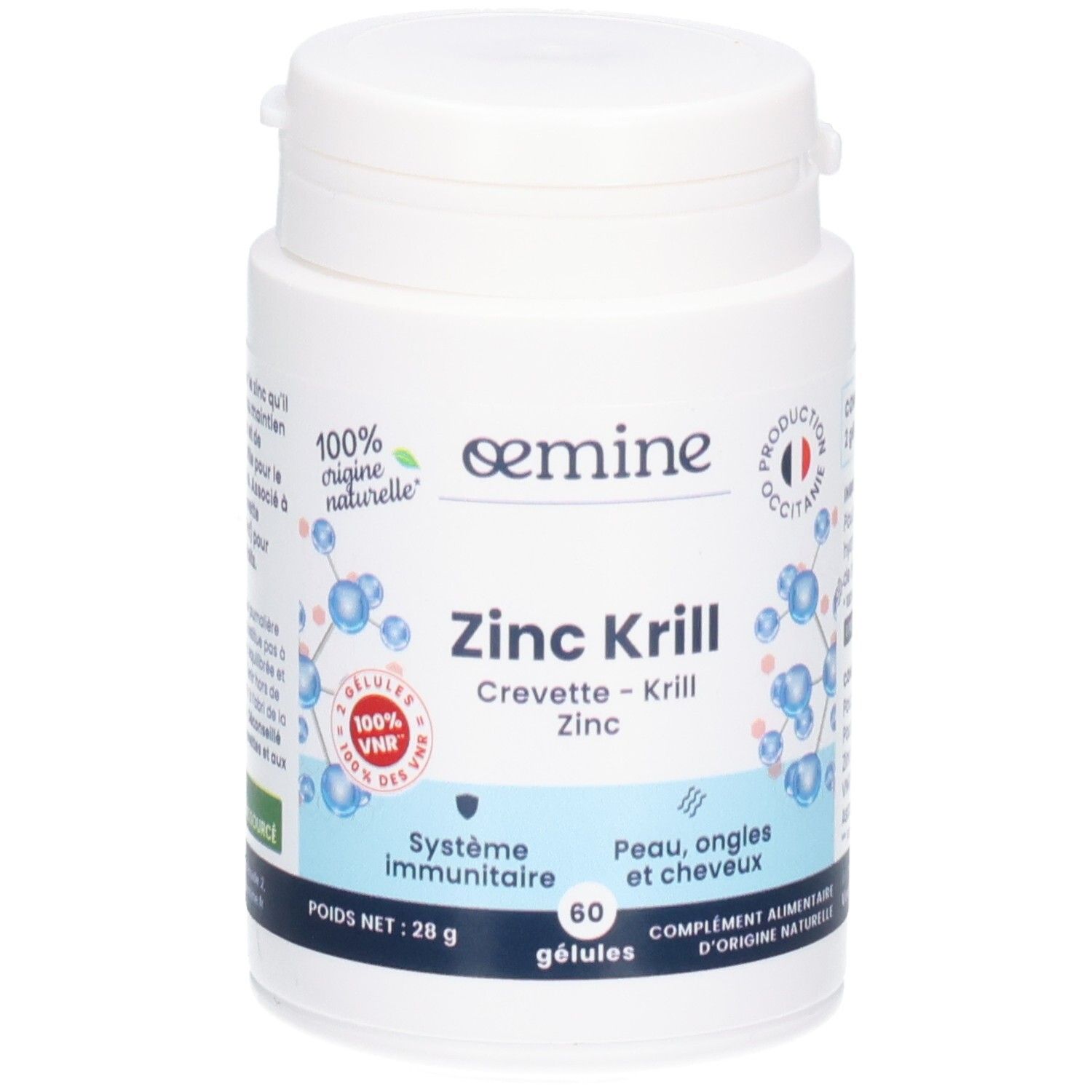 Boîte blanche OEMINE ZINC KRILL, 60 gélules. Origine naturelle.