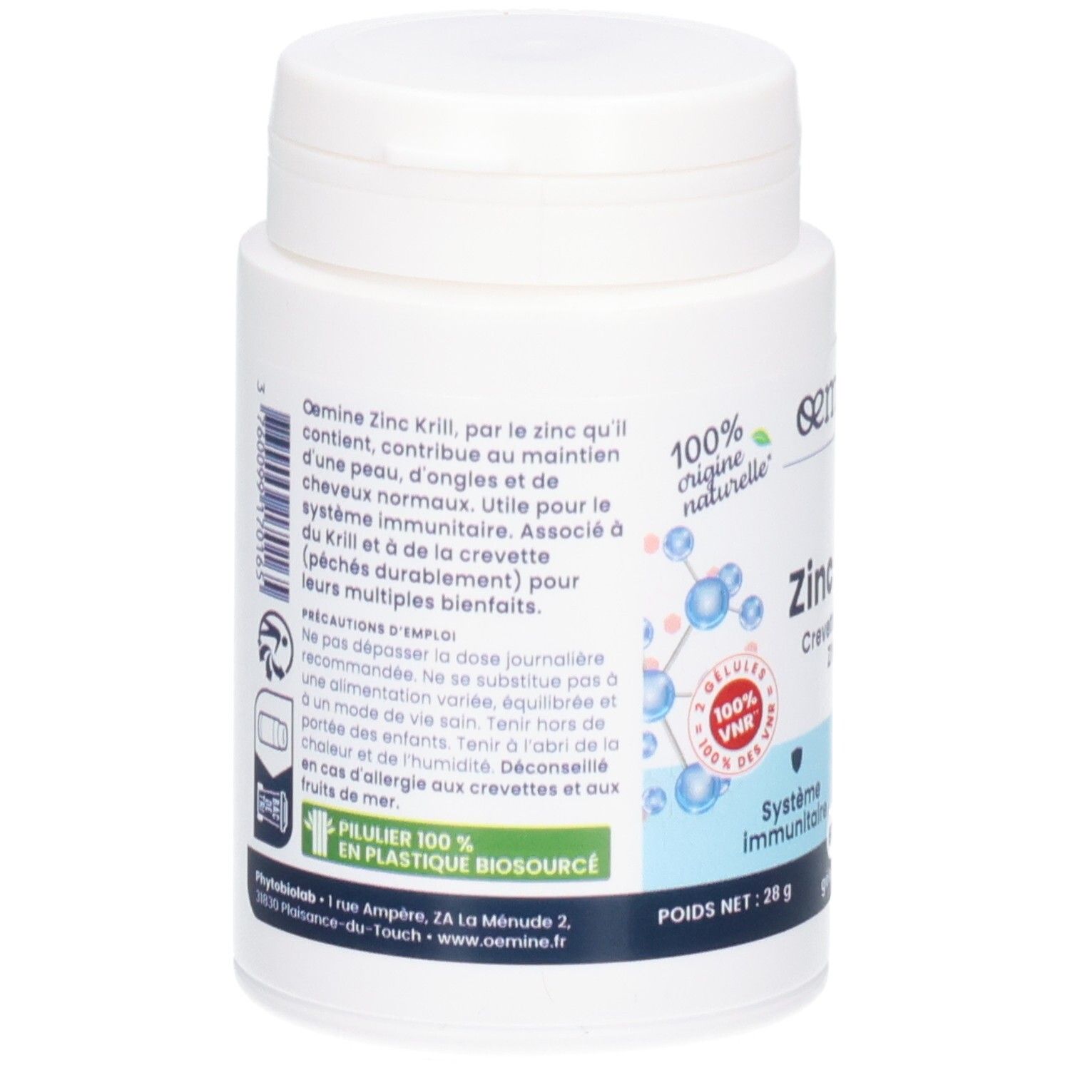 Arrière de la boîte OEMINE ZINC KRILL. Informations sur les ingrédients et l'usage.