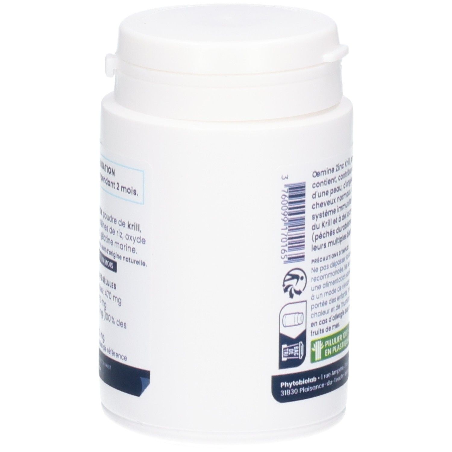 Côté de la boîte OEMINE ZINC KRILL avec code-barres et informations.