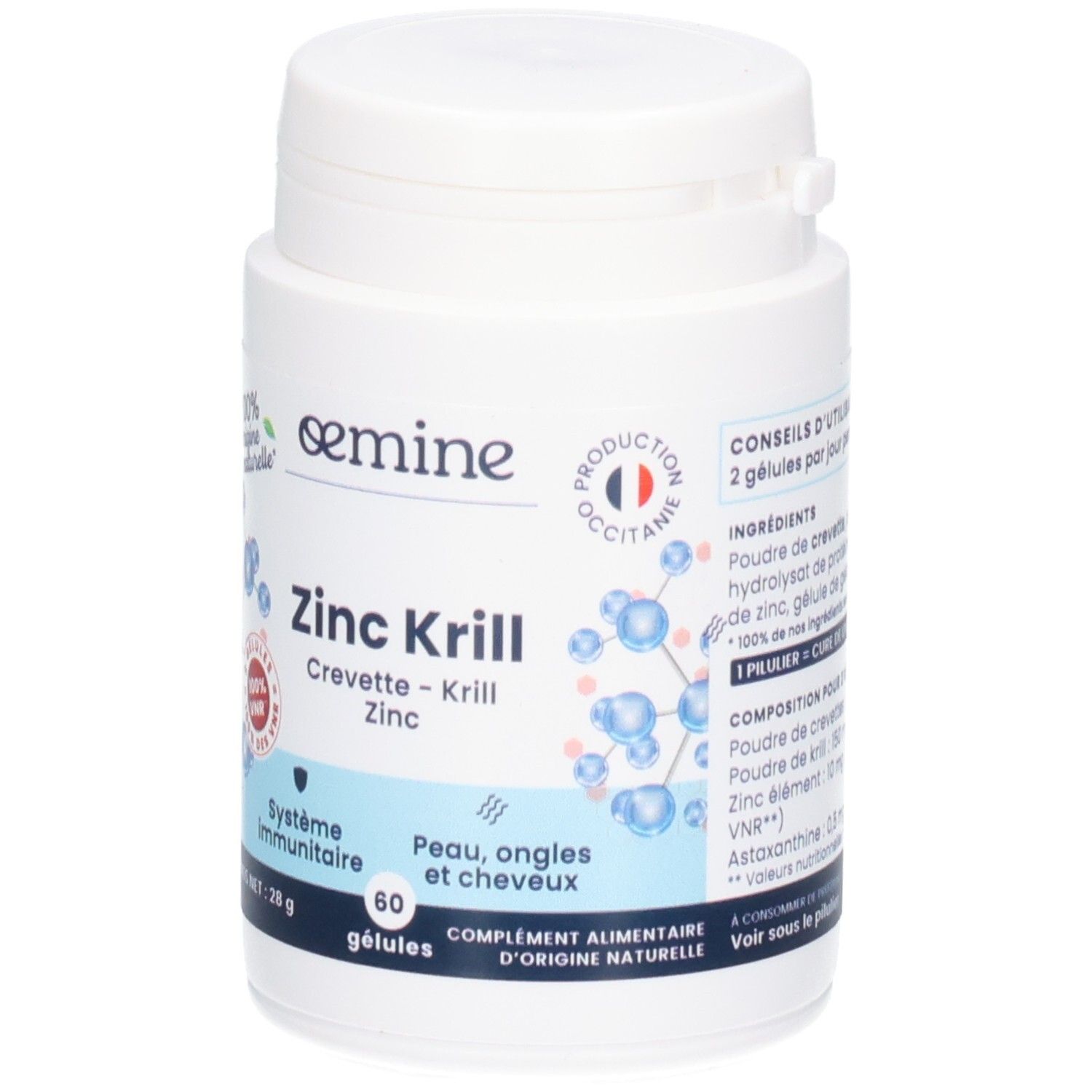 Avant de la boîte OEMINE ZINC KRILL. Indique le nombre de gélules et les bienfaits.