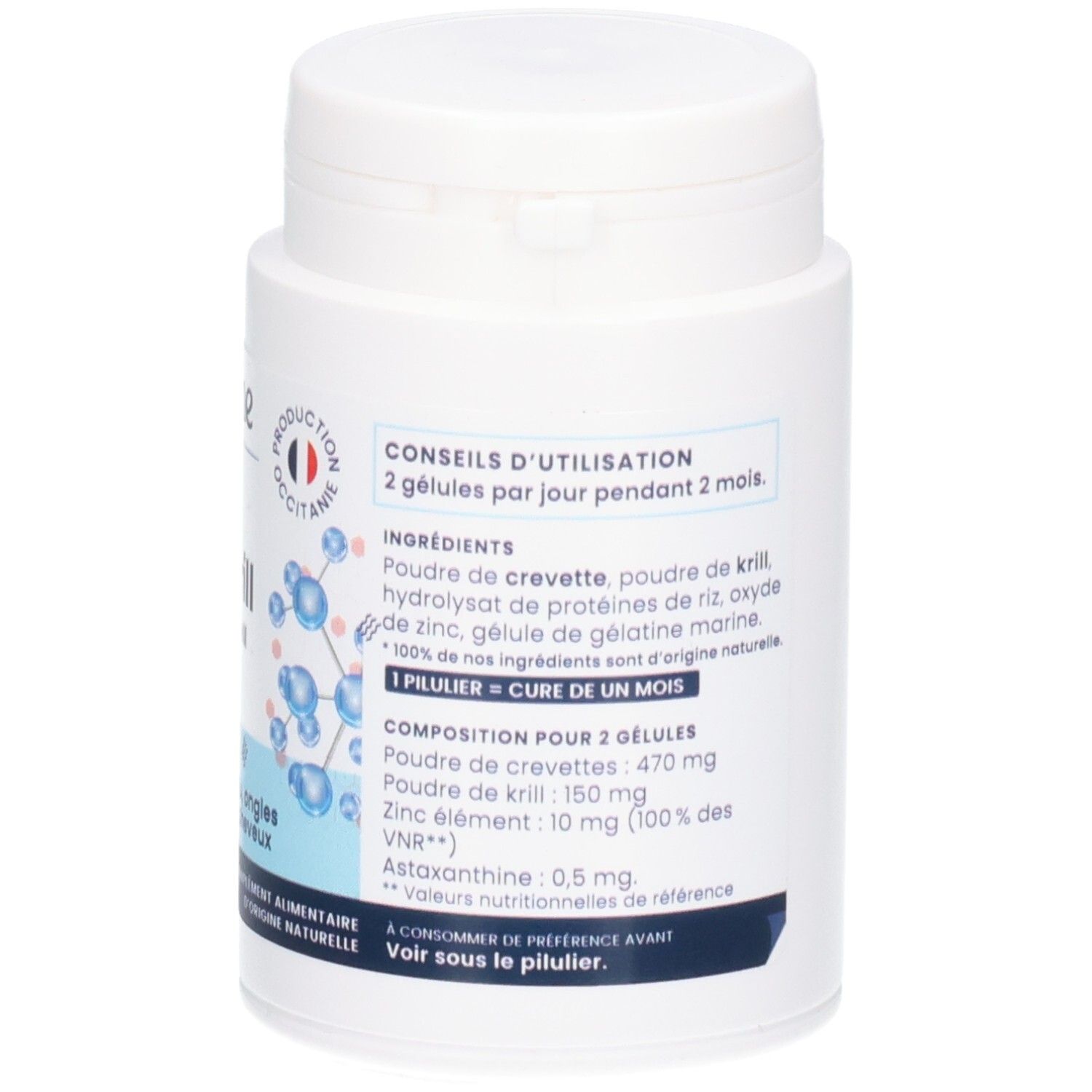 Arrière de la boîte OEMINE ZINC KRILL. Détails sur les ingrédients et valeurs nutritionnelles.