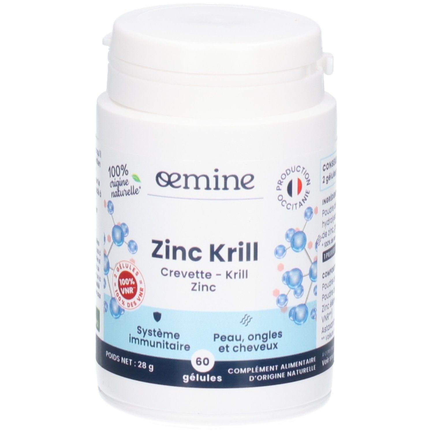 Boîte OEMINE ZINC KRILL, 60 gélules. Met en avant les ingrédients et bienfaits pour peau, ongles, cheveux.