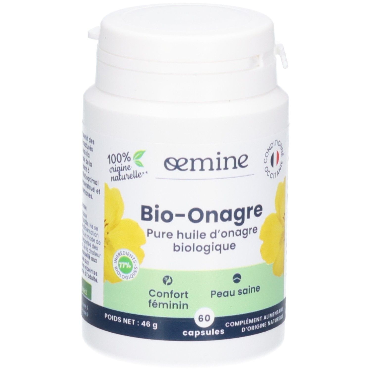 Flacon blanc de capsules Bio-Onagre, avec fleurs jaunes. Huile d'onagre biologique.