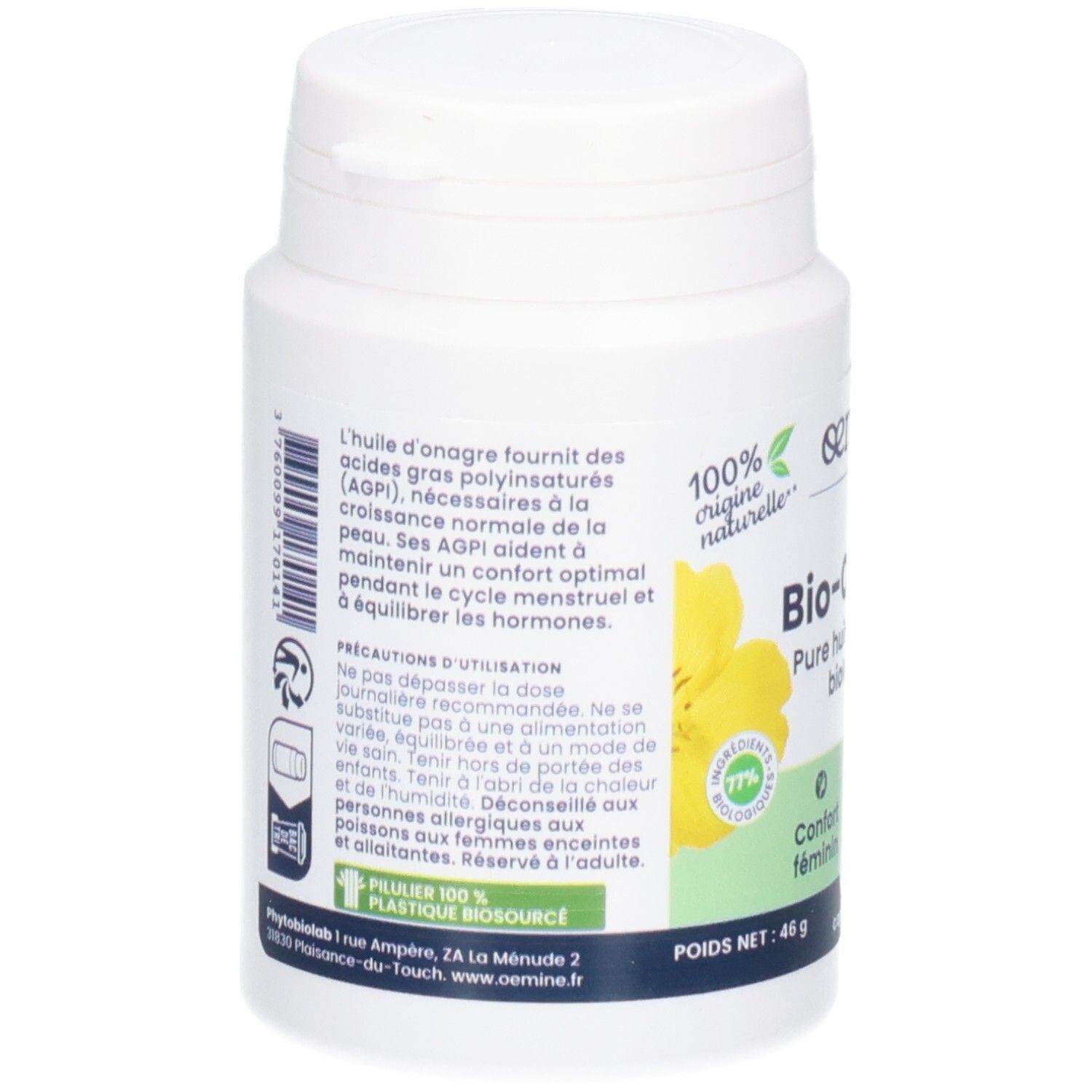 Arrière du flacon blanc de capsules Bio-Onagre. Informations produit et label bio.