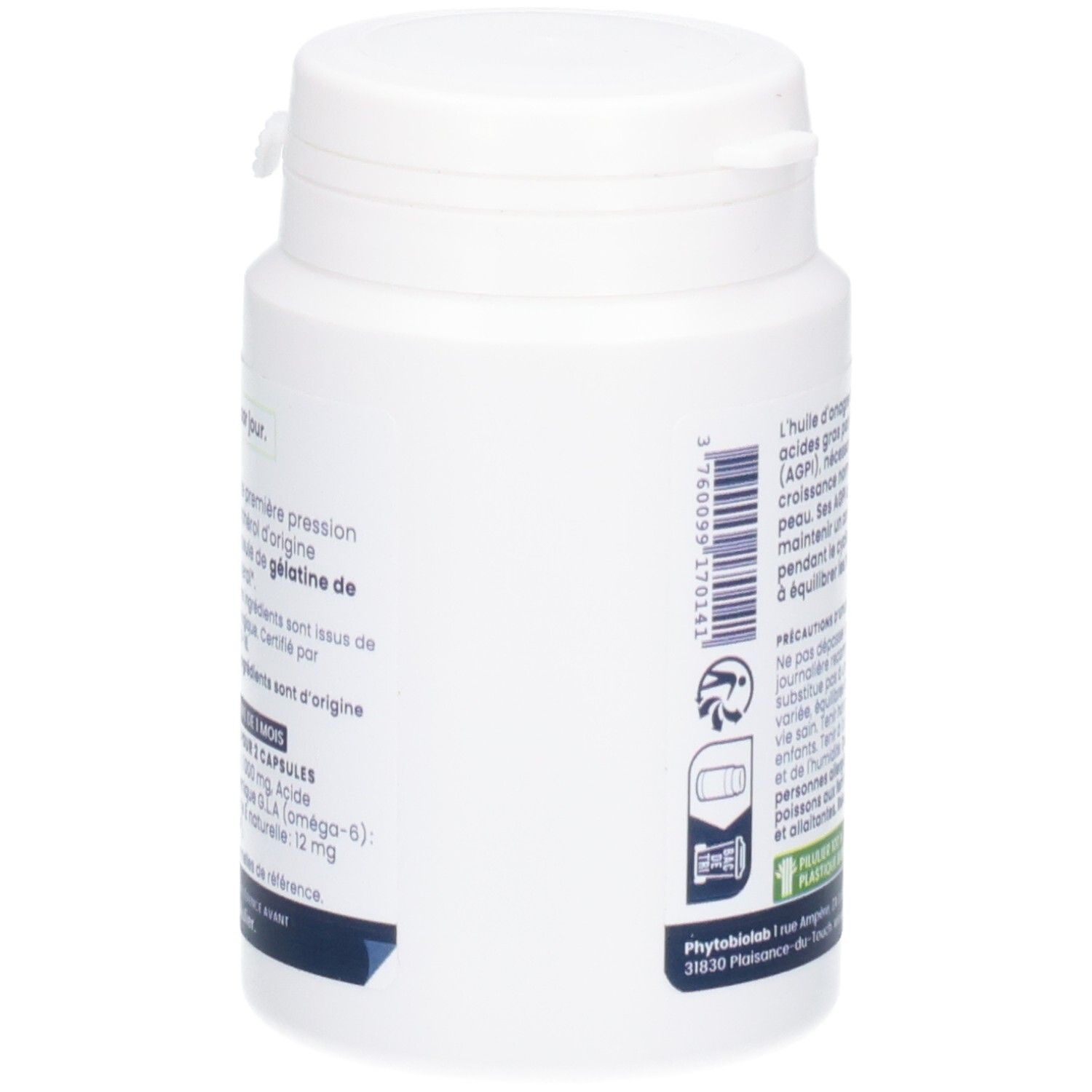 Vue latérale du flacon blanc de capsules Bio-Onagre. Code-barres et label bio.