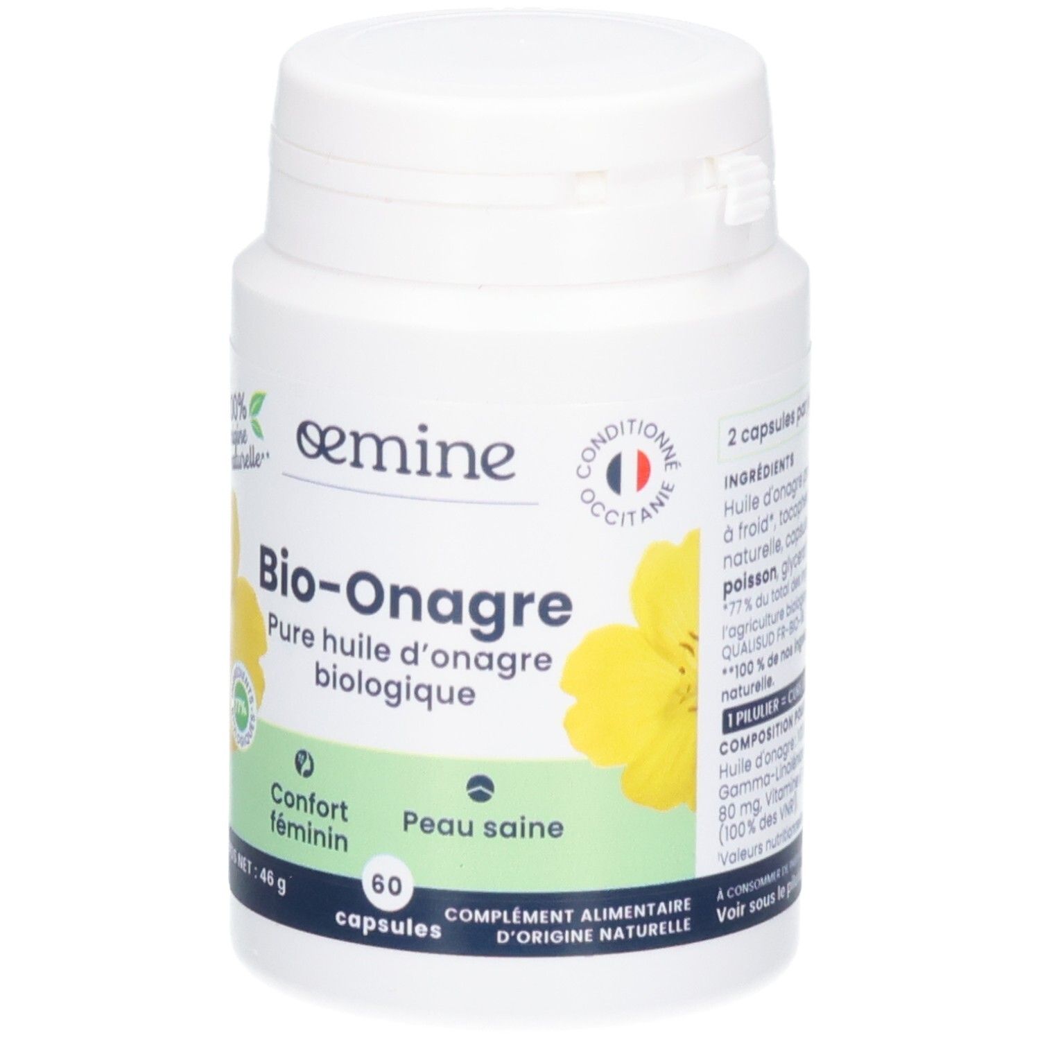 Flacon blanc de 60 capsules Bio-Onagre. Huile d'onagre biologique, fleurs jaunes.