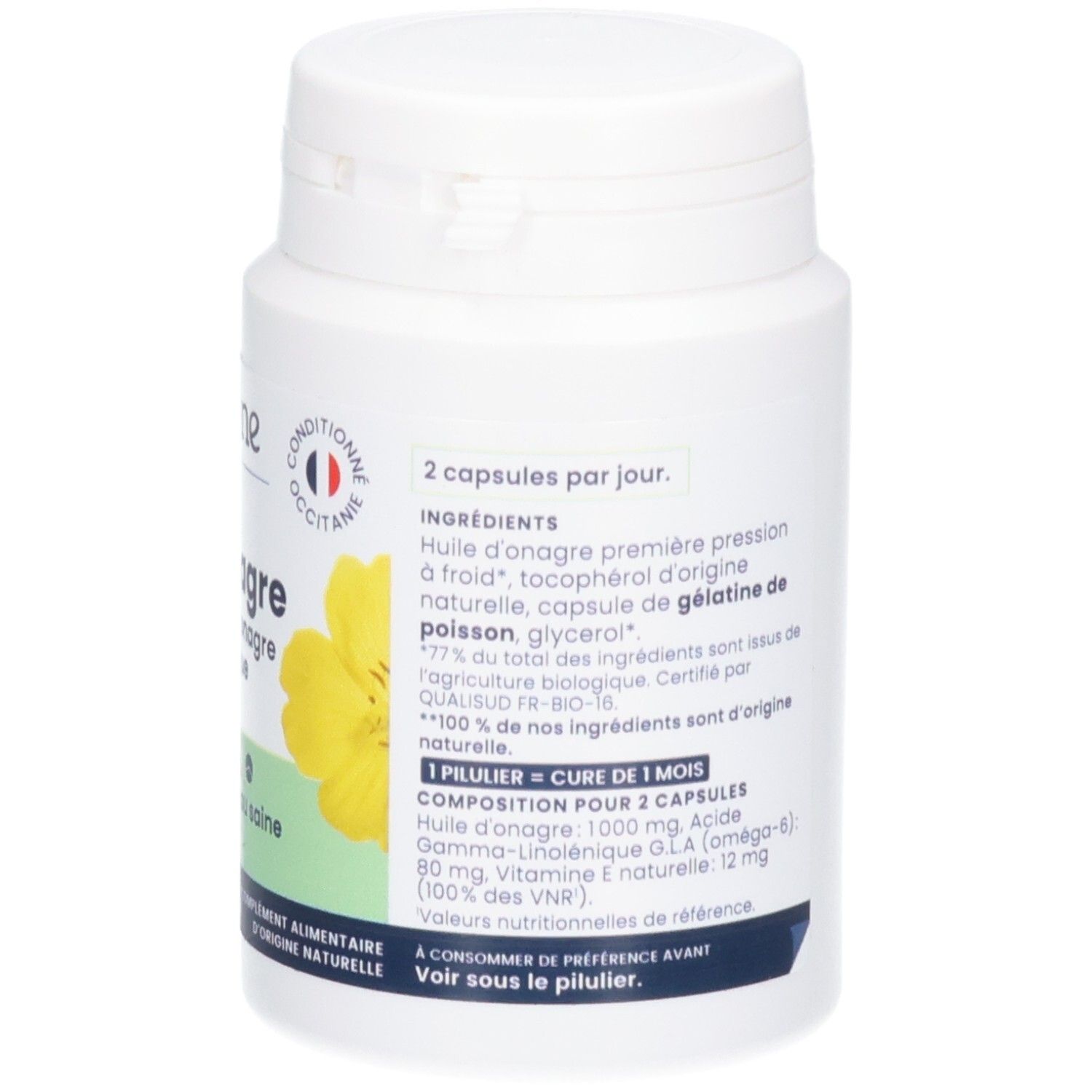 Avant du flacon blanc de capsules Bio-Onagre. Label bio et détails des ingrédients.