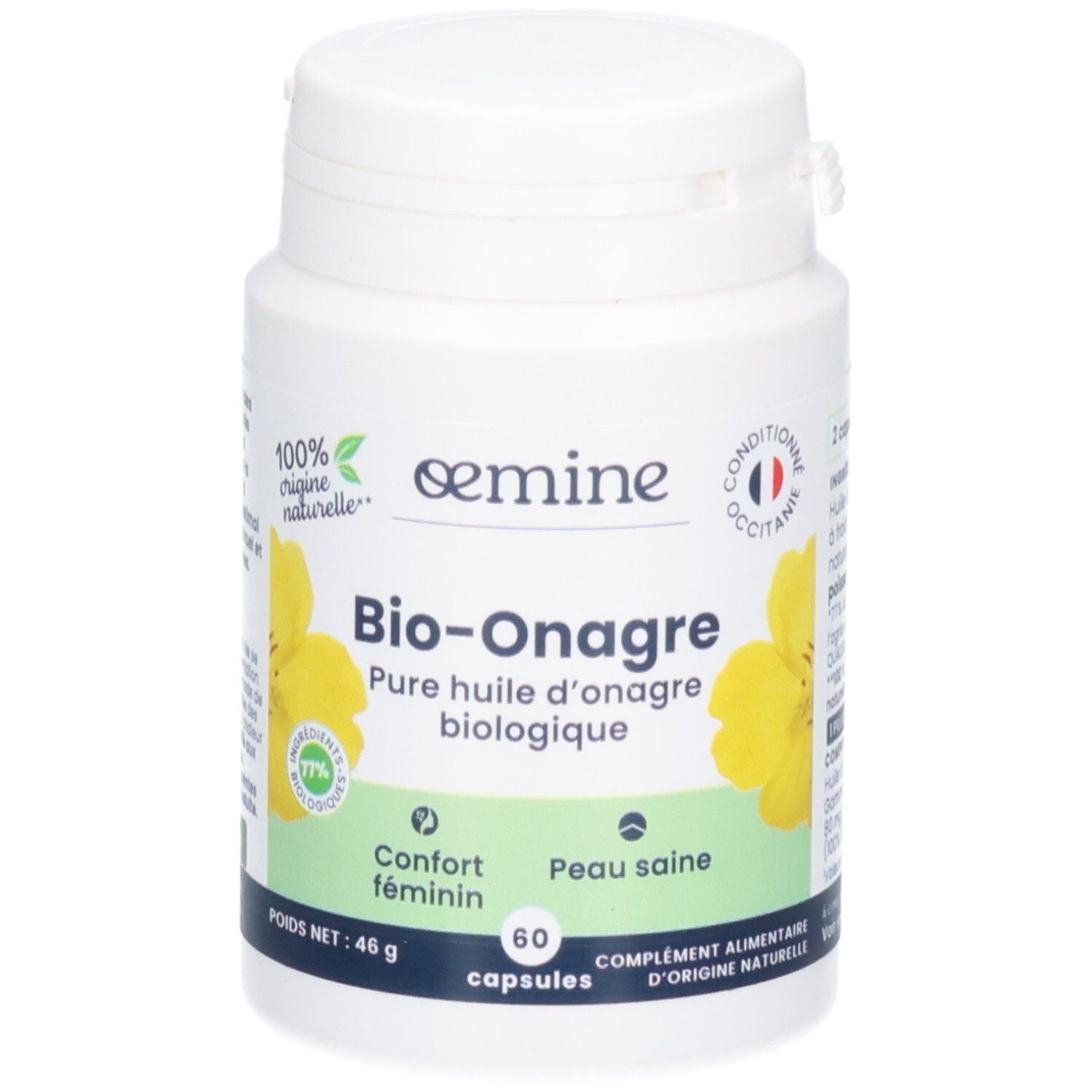Flacon blanc de capsules Bio-Onagre. Huile d'onagre biologique, fleurs jaunes, ingrédients.