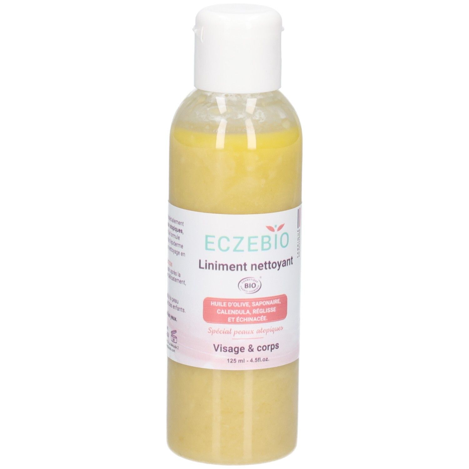 Liniment ECZEBIO : flacon transparent à bouchon blanc, liquide jaune. Étiquette avec informations produit.