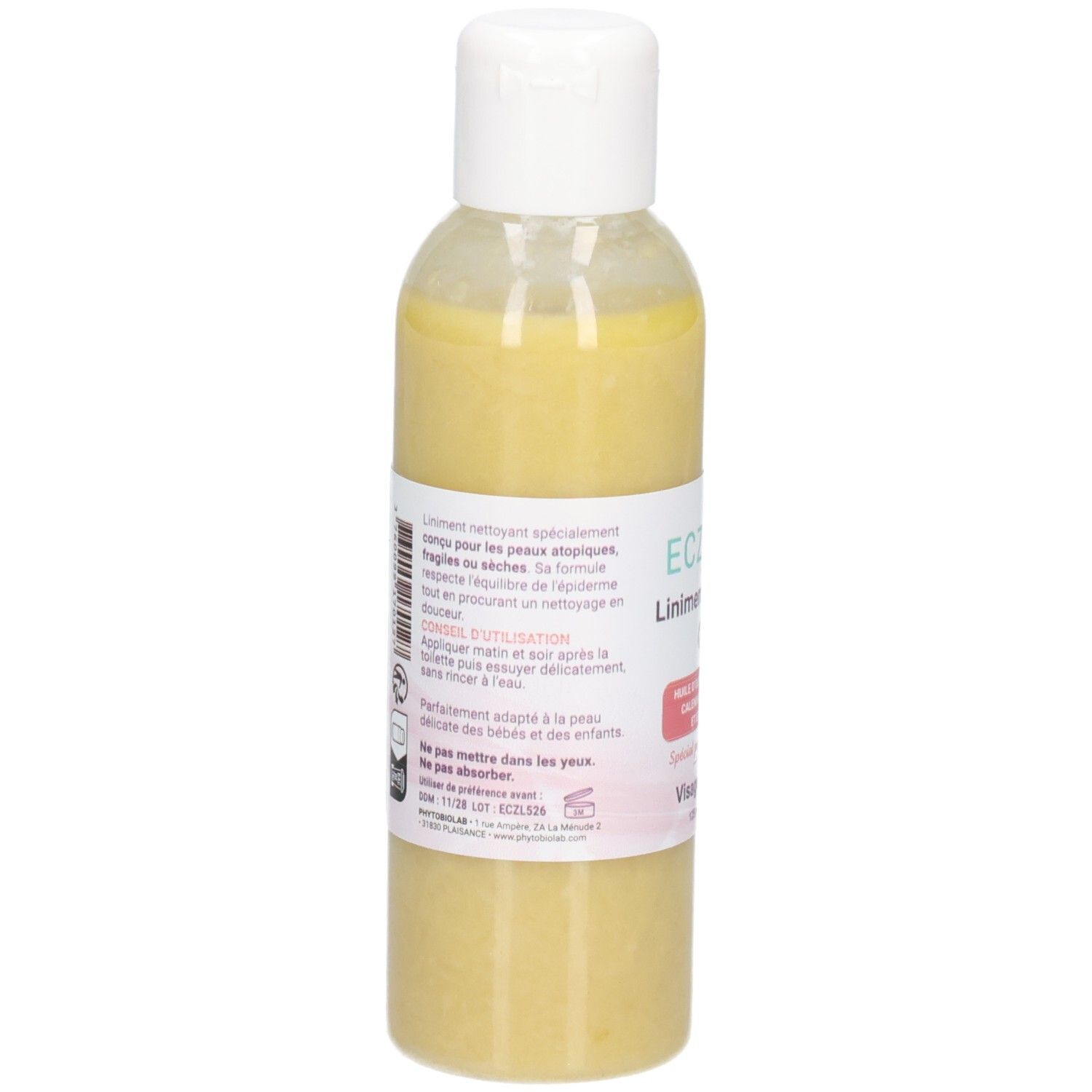 Liniment ECZEBIO : arrière du flacon avec instructions d'utilisation et liste des ingrédients.