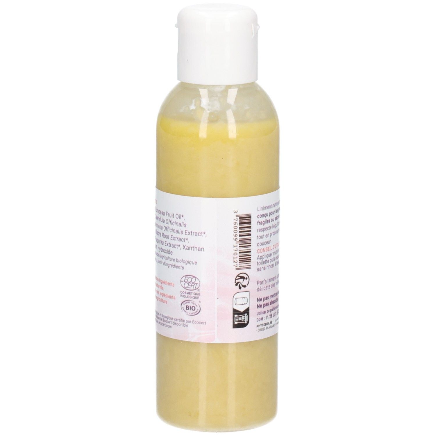 Liniment ECZEBIO : vue latérale du flacon avec label bio et liste des ingrédients.