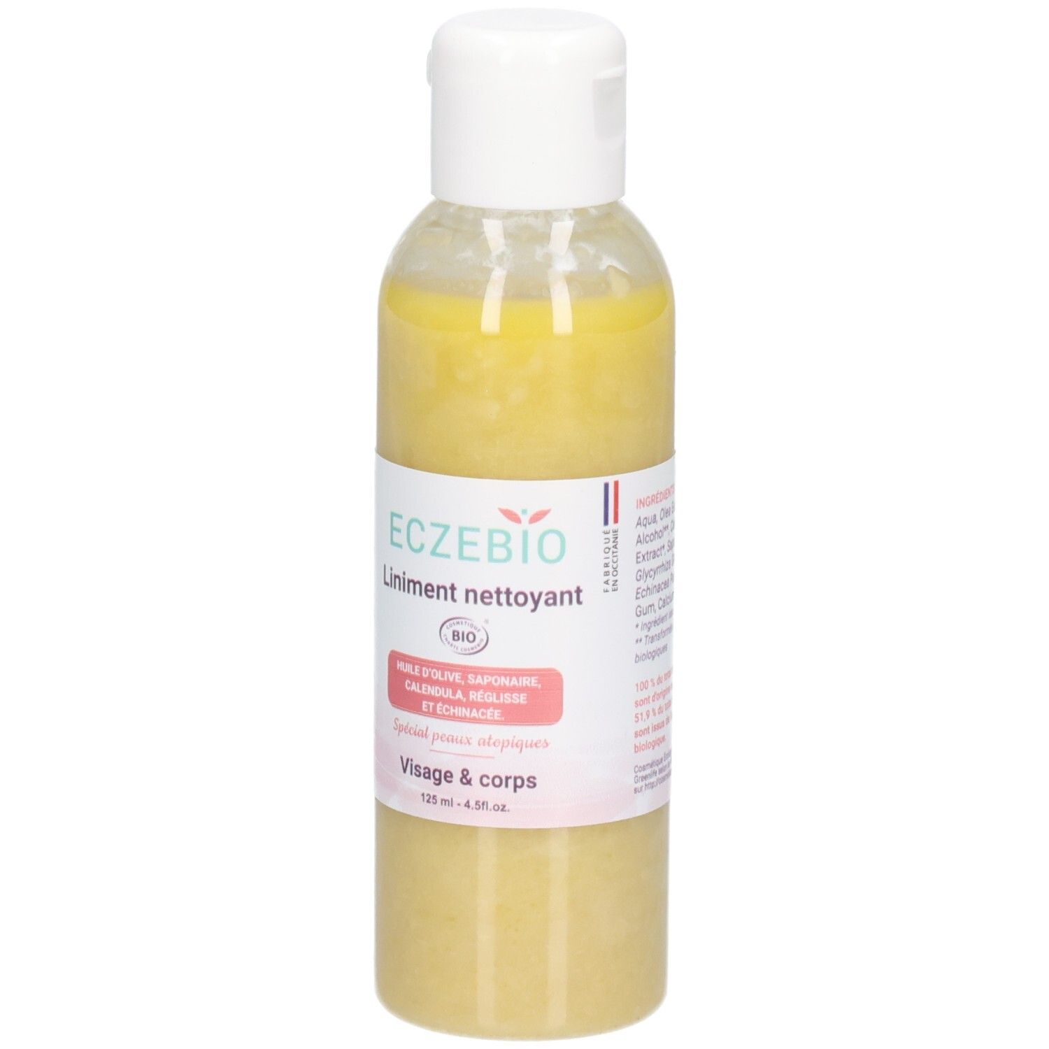 Liniment ECZEBIO : flacon contenant un liquide jaune, bouchon clapet blanc. Étiquette avec nom du produit.