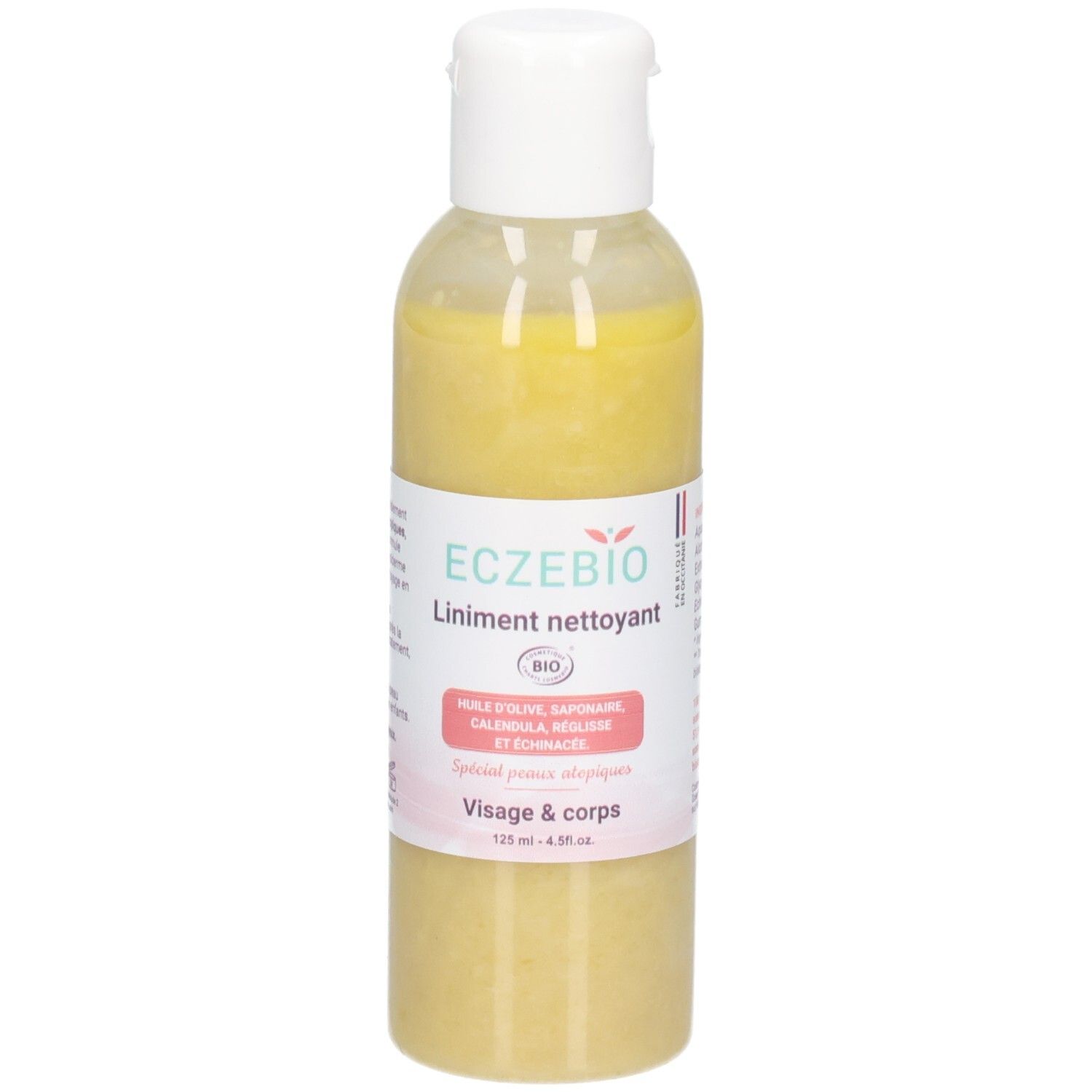 Liniment ECZEBIO : flacon à contenu jaune, bouchon blanc, étiquette avec informations produit et usage.