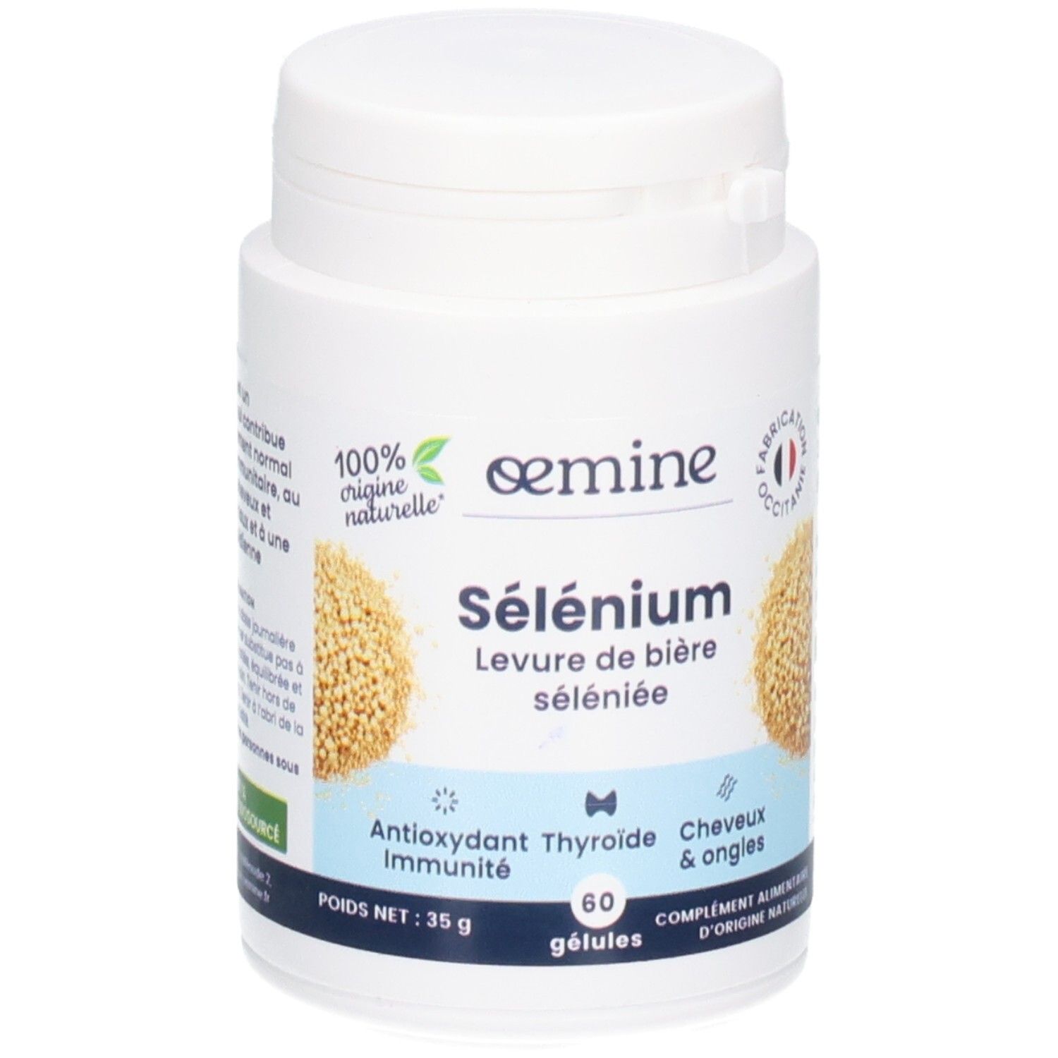 Pot blanc Oemine Sélénium. Contient 60 gélules. Poids net 35g.