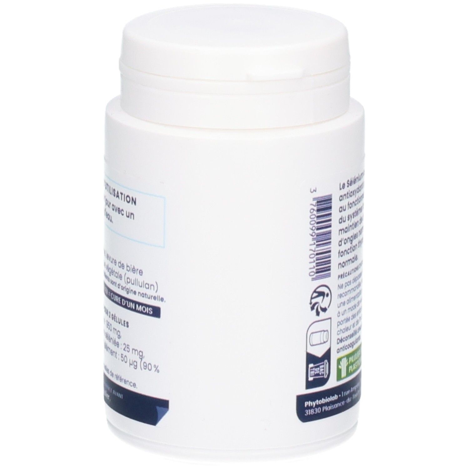 Vue latérale d'un pot blanc Oemine Sélénium. Contient des informations sur le produit.