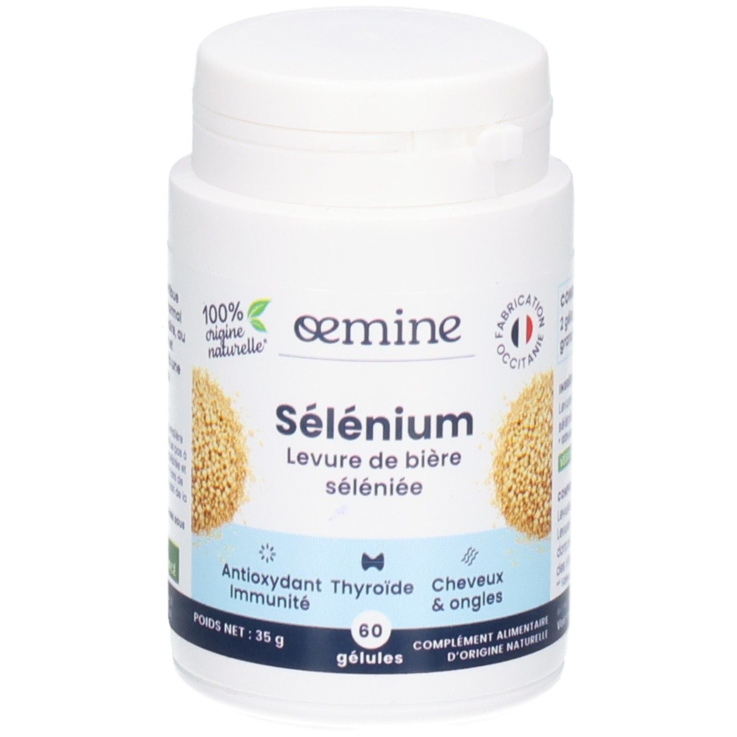 Pot blanc Oemine Sélénium. Contient 60 gélules. Poids net 35g.