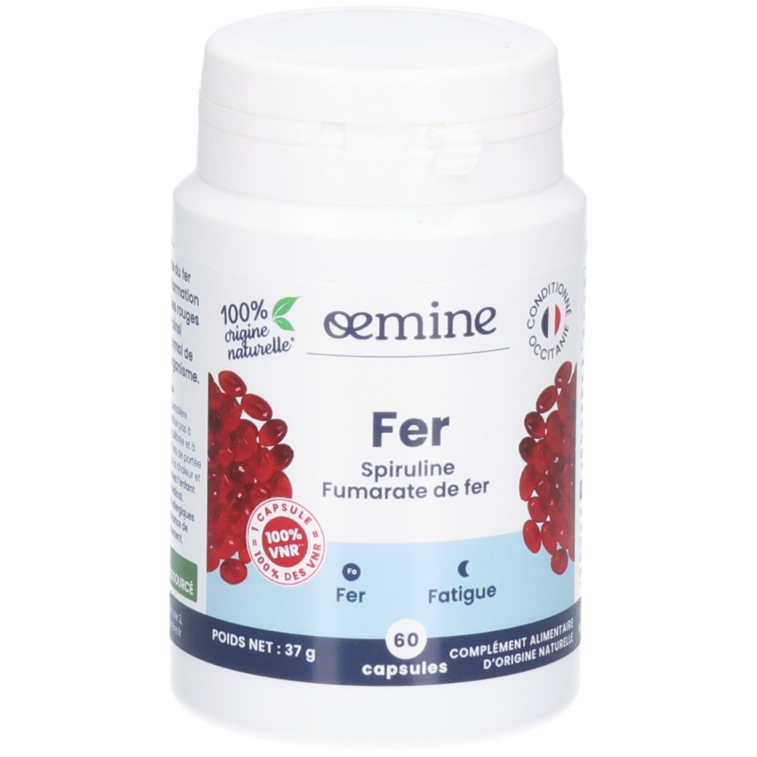 Flacon blanc de 60 capsules, décor de baies rouges. Marque : oemine.