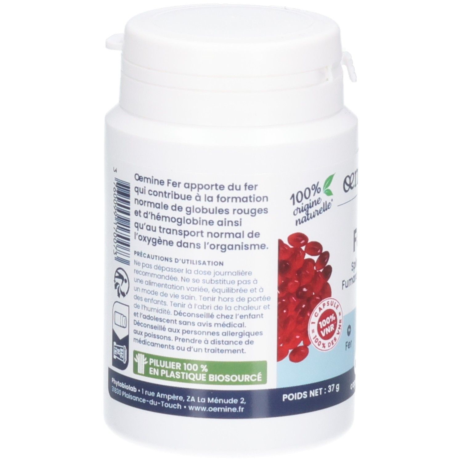 Arrière d'un flacon de capsules blanc avec informations produit et précautions.
