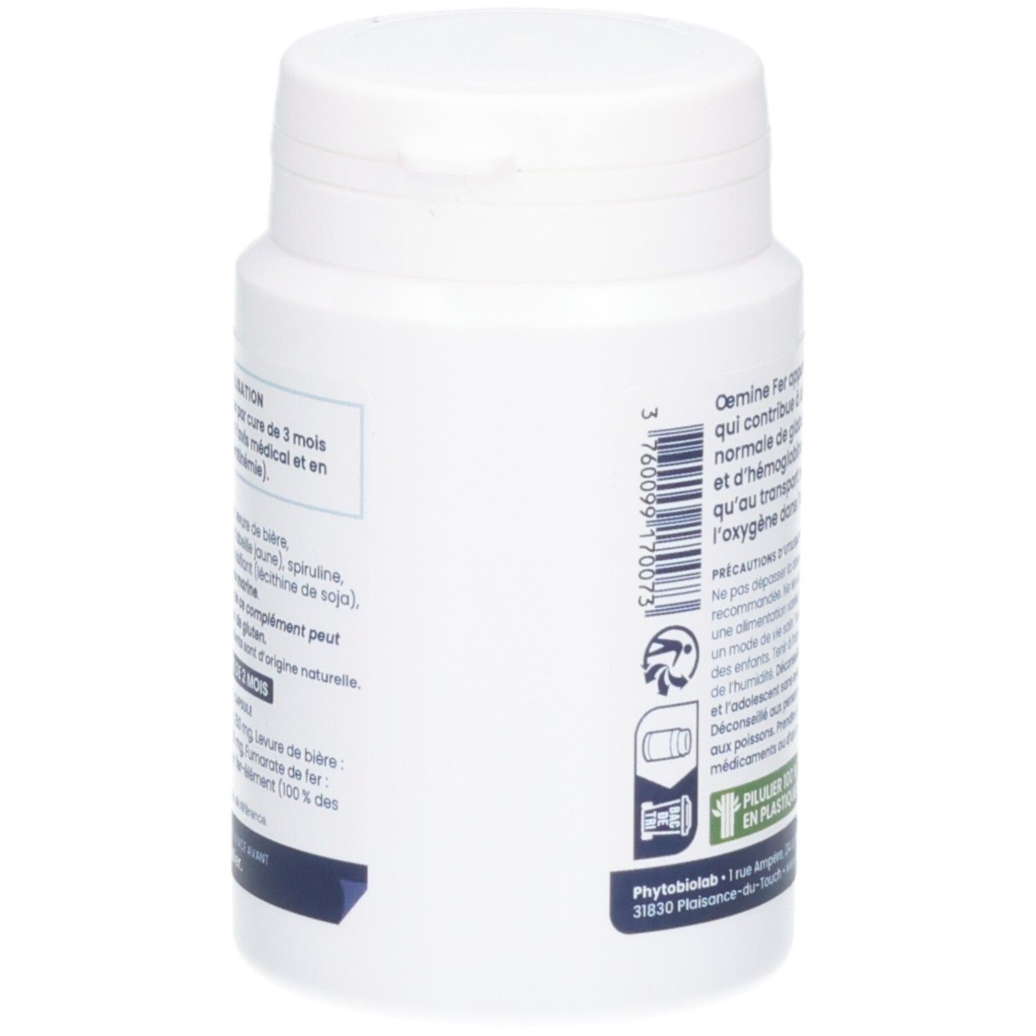 Vue latérale d'un flacon de capsules blanc avec code-barres et informations.