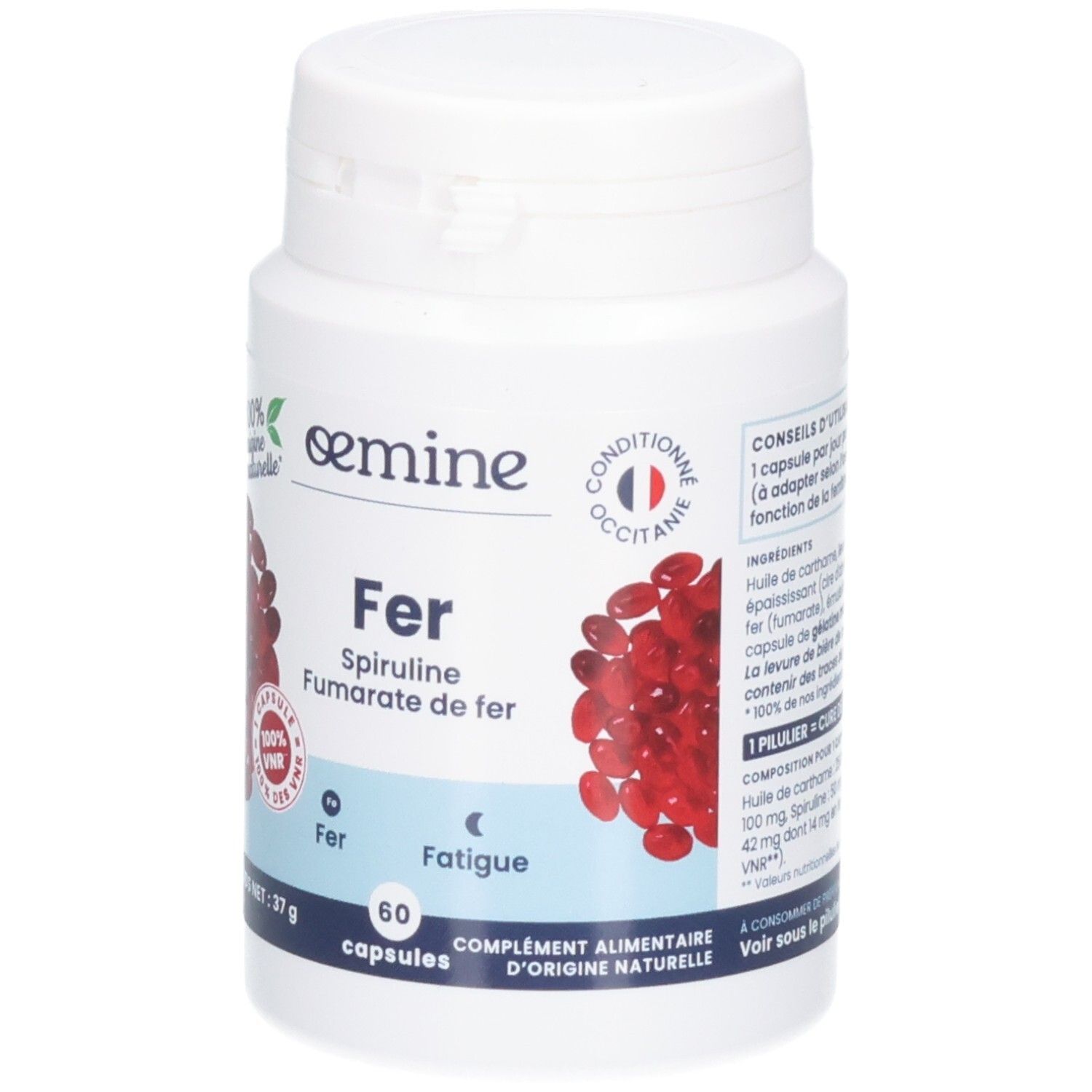 Avant d'un flacon de 60 capsules, décor de baies rouges. Marque : oemine.