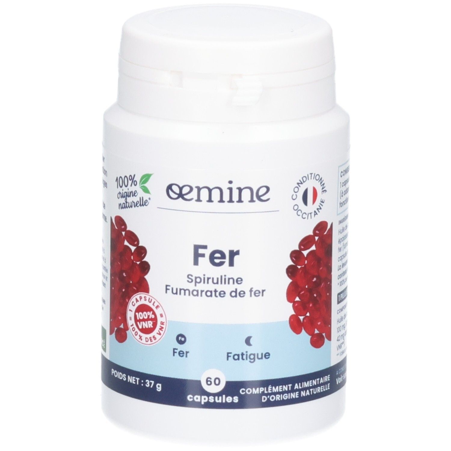 Flacon blanc de 60 capsules, décor de baies rouges. Marque : oemine.