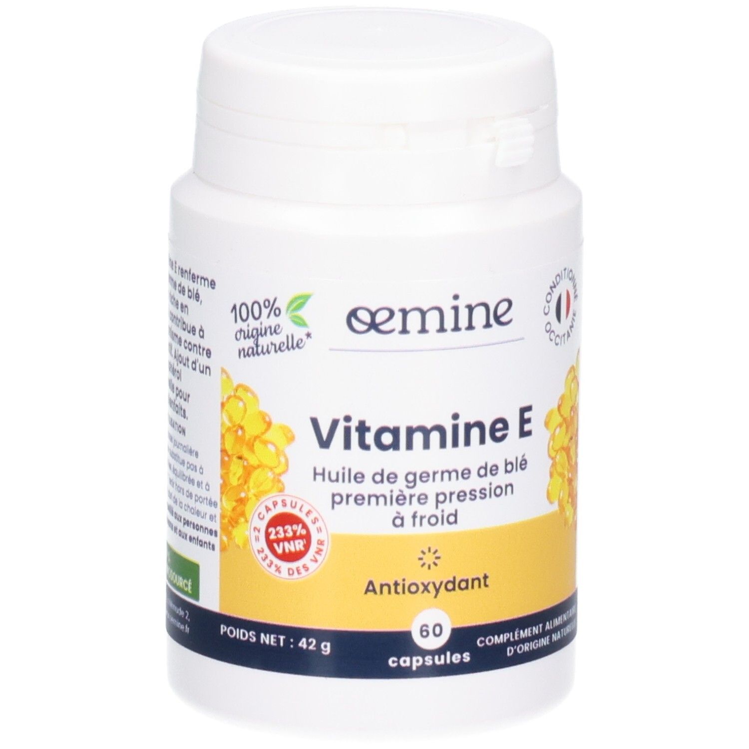 Oemine Vitamine E, flacon de 60 capsules.