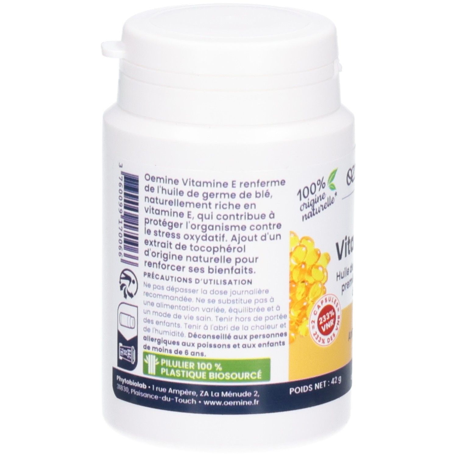 Oemine Vitamine E, vue arrière, 60 capsules.