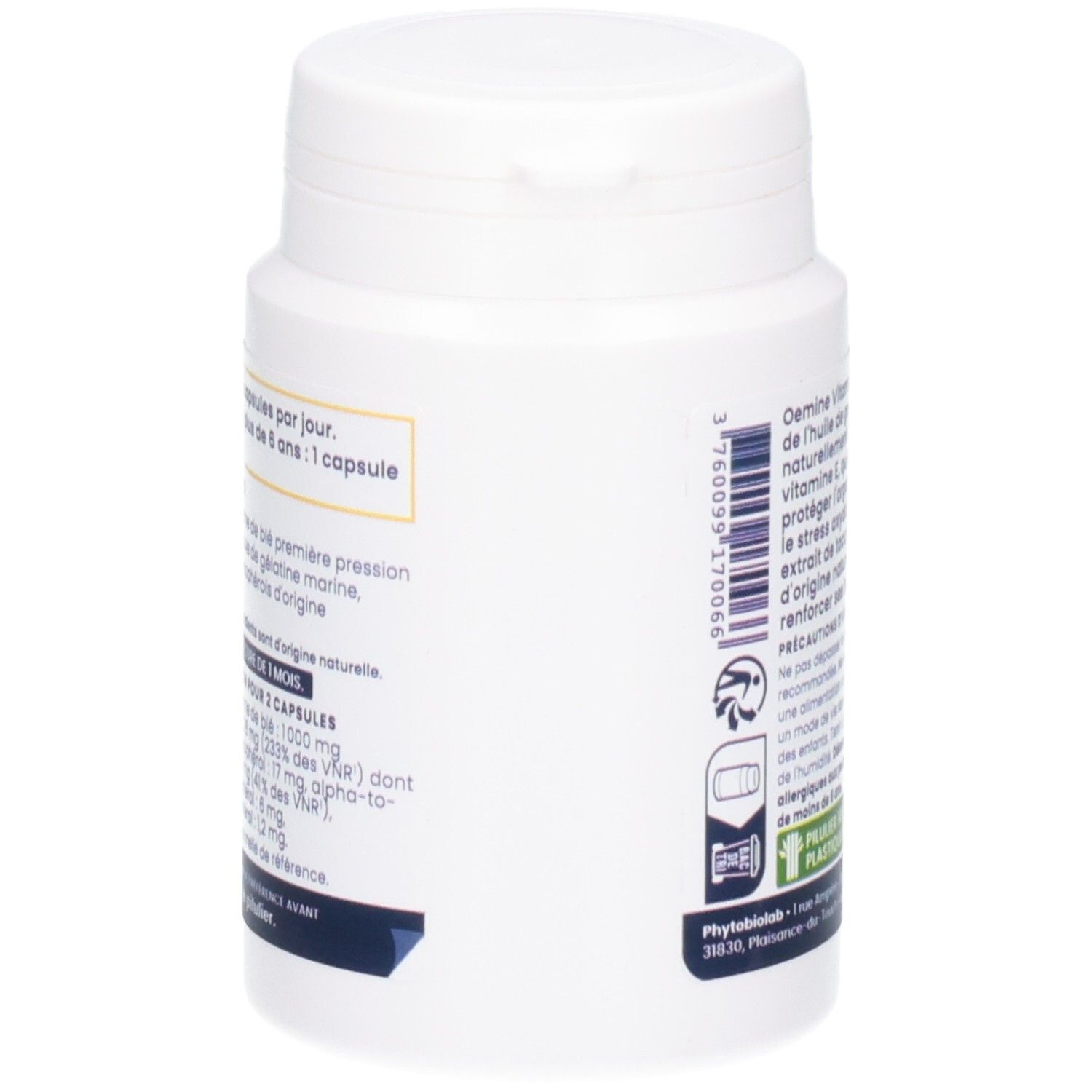 Oemine Vitamine E, vue latérale, 60 capsules.