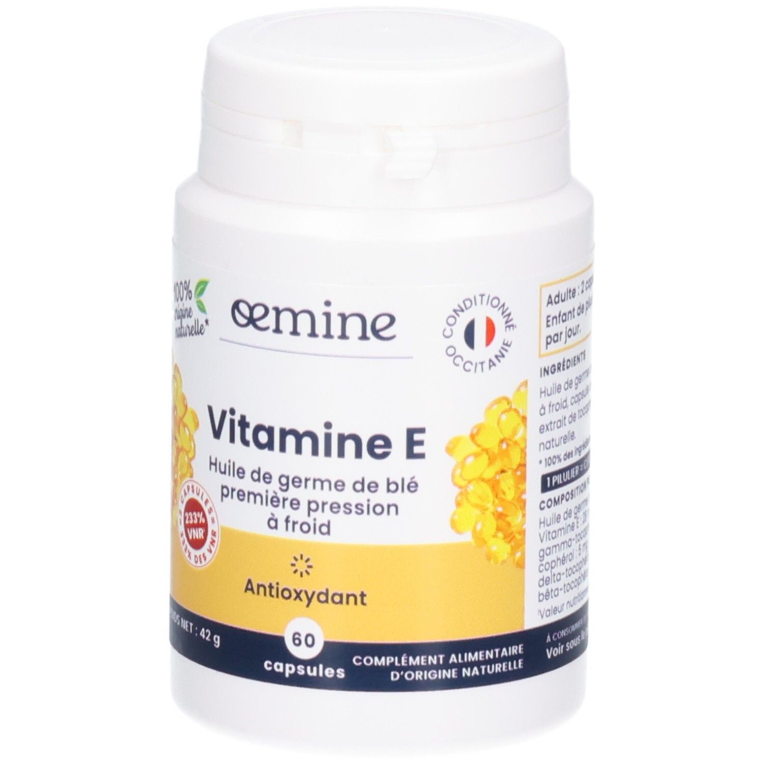 Oemine Vitamine E, face avant, 60 capsules.