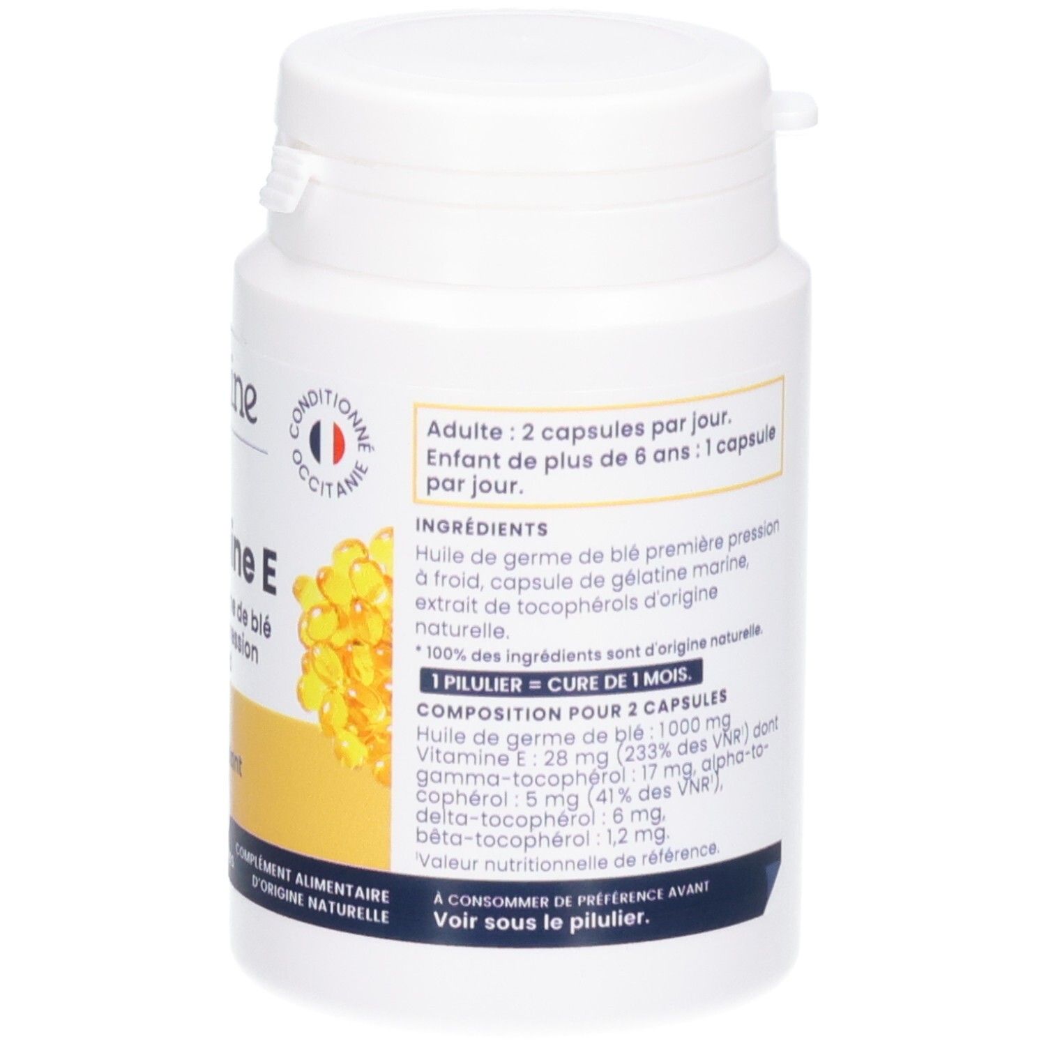 Oemine Vitamine E, arrière avec détails, 60 capsules.