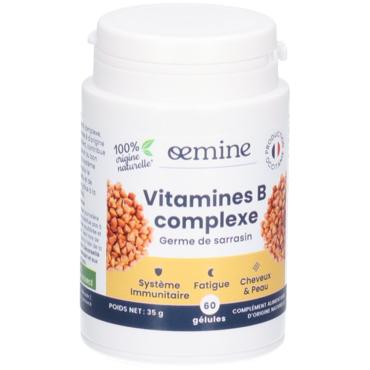 Pot blanc de capsules Vitamines B complexe, enrichi en germes de sarrasin.