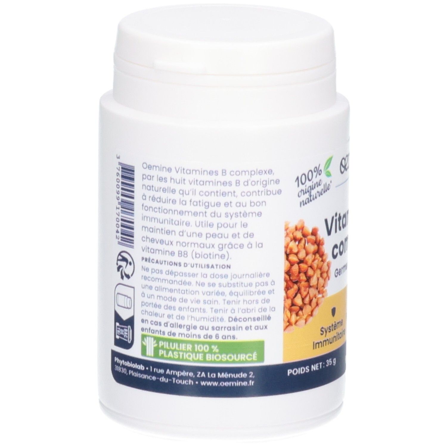 Arrière d'un pot de capsules Vitamines B complexe, avec informations détaillées sur le produit.