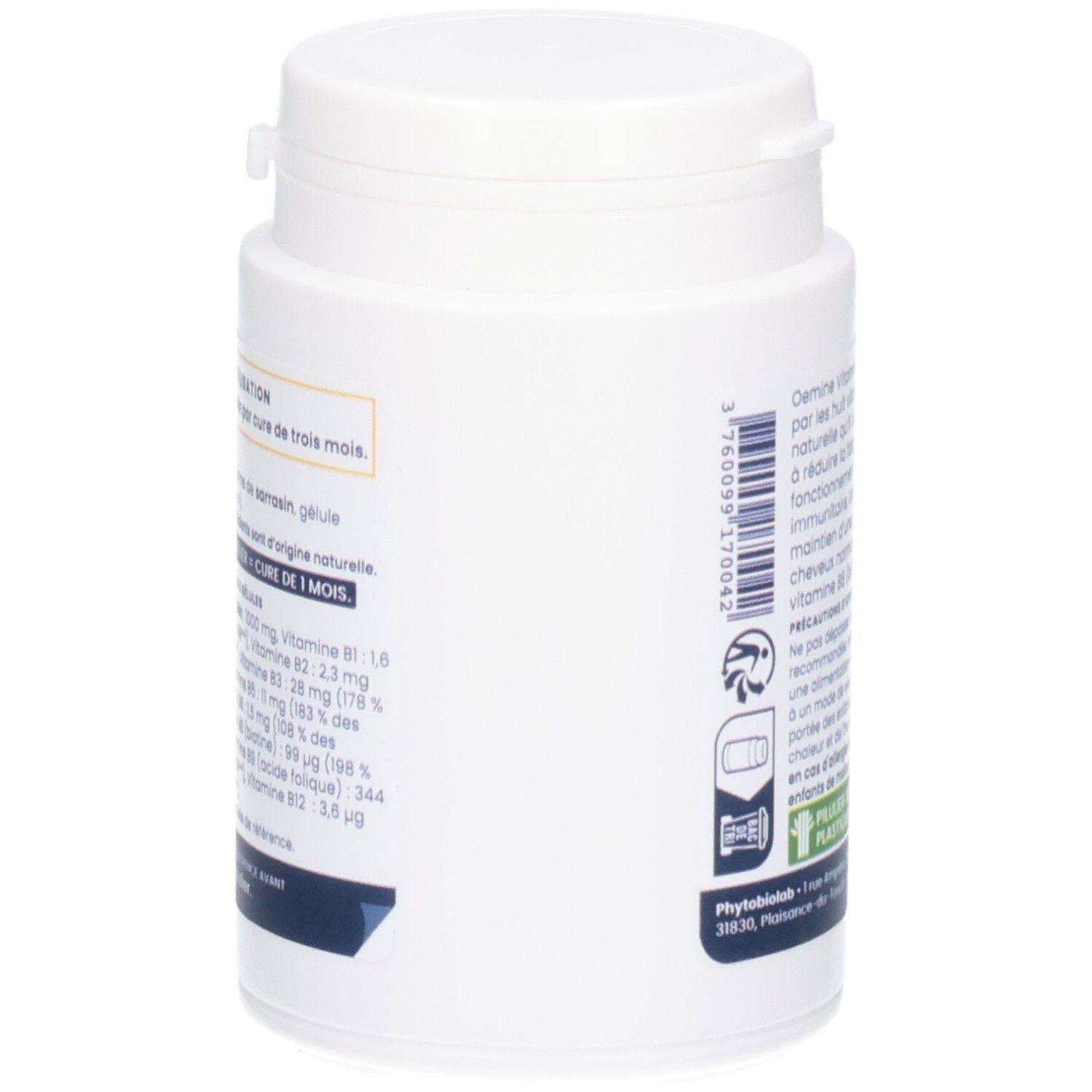 Vue latérale d'un pot de capsules Vitamines B complexe, avec informations nutritionnelles.