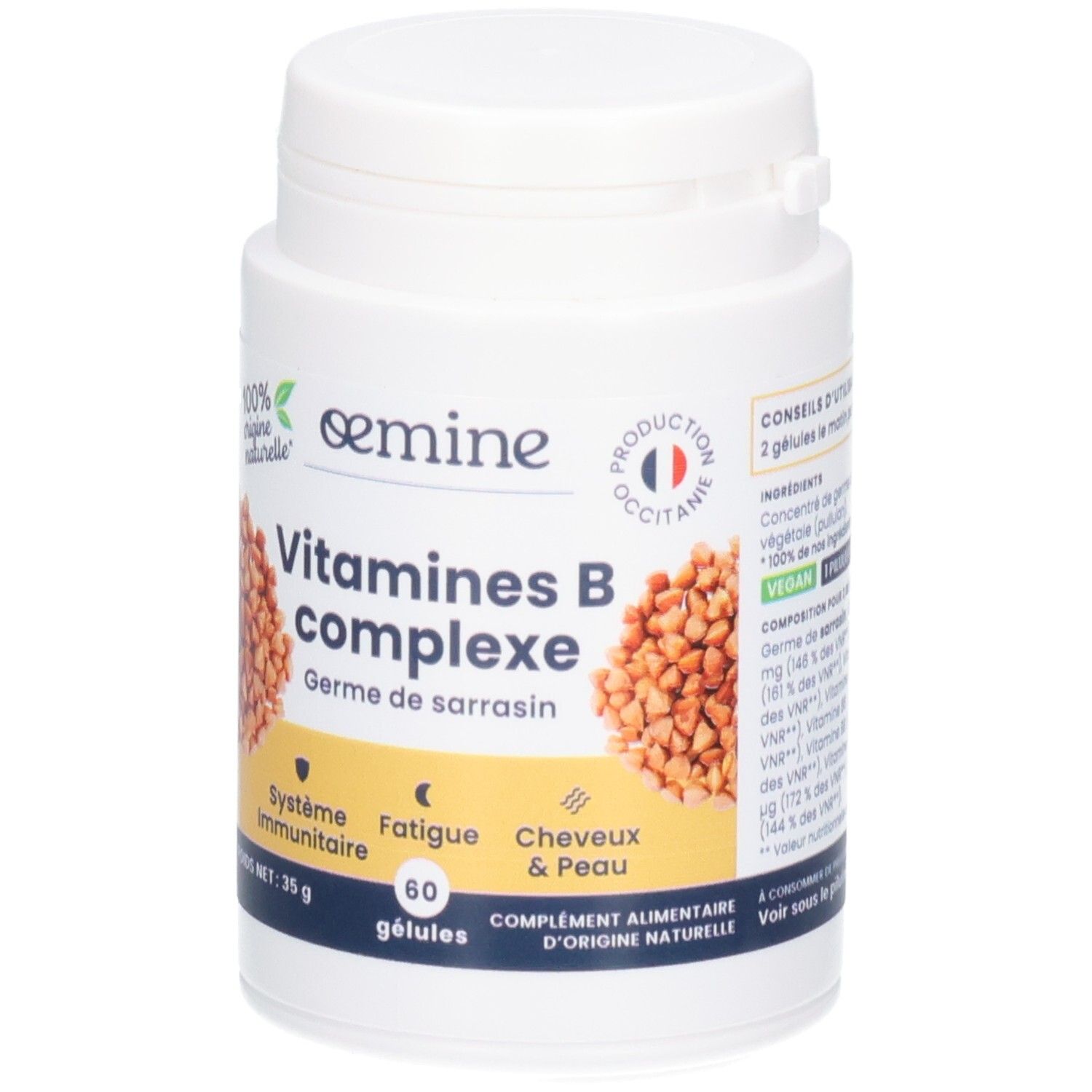 Avant d'un pot de capsules Vitamines B complexe, avec sceaux et caractéristiques du produit.
